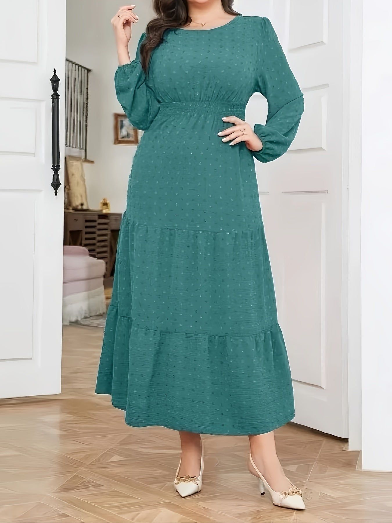 High Waist Tiered Dress, Elegant Solid Long Sleeve Maxi Dress, Women's Clothing