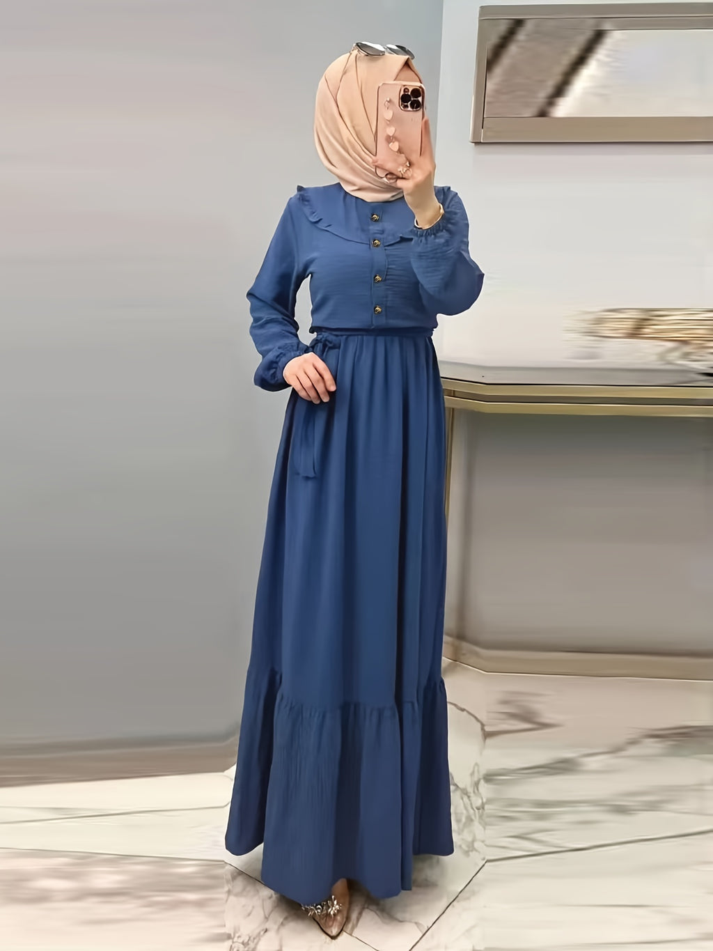 Modest Elegance, Elegant Solid Color Maxi Dress for Women - Casual Long Sleeve with Button Detail, Non-Stretch Polyester Blend, Machine Washable - Perfect for All Seasons