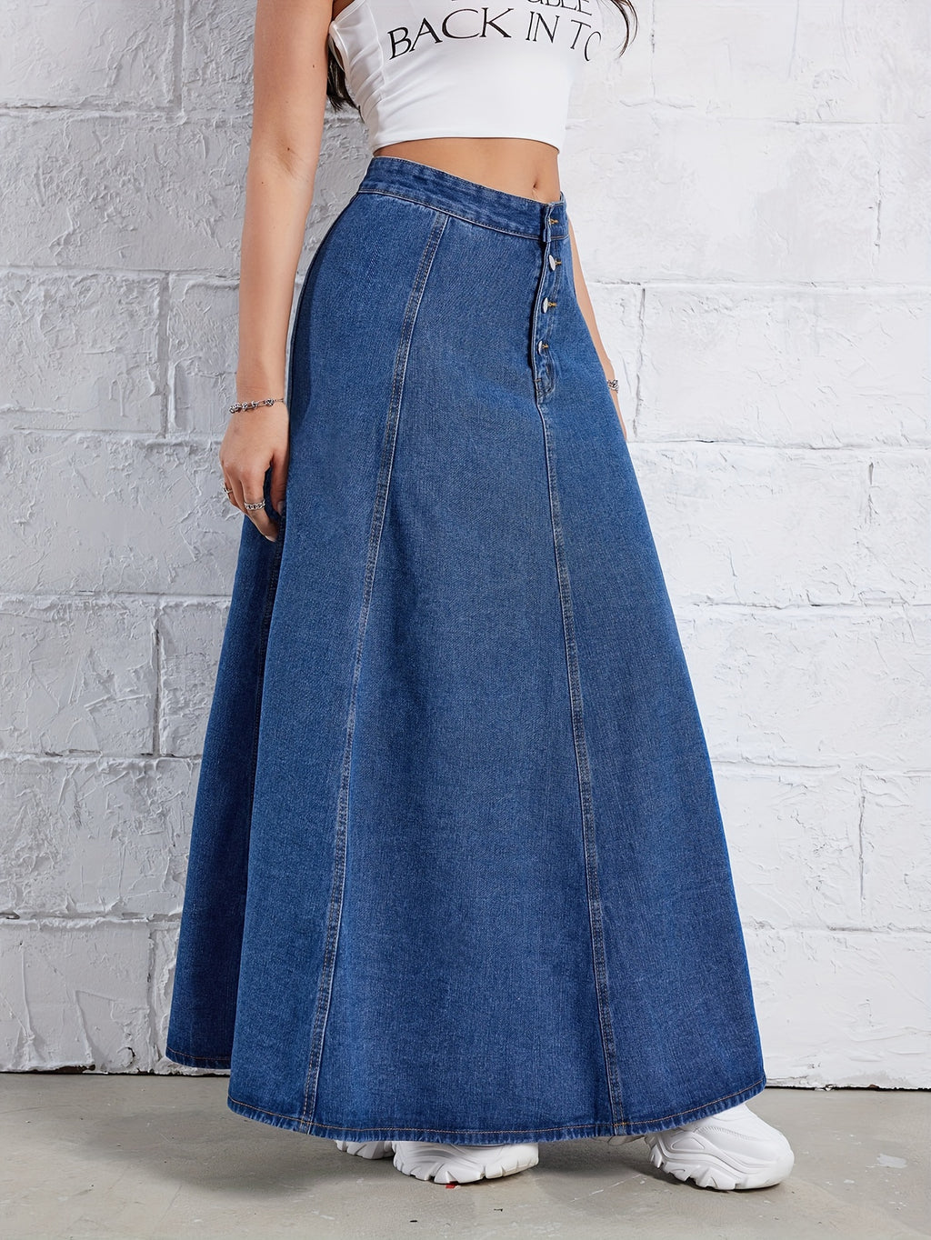 Plain Washed Blue Denim Skirt, Elegant High Rise Maxi Denim Skirt, Women's Denim Jeans & Clothing