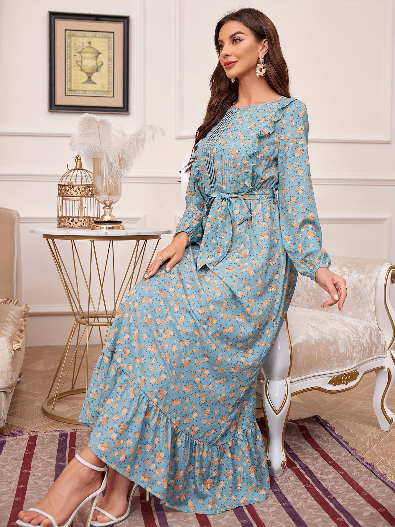 Floral Print Ruffle Hem Dress, Elegant Tucked Long Sleeve Belted Maxi Dress For Spring & Fall, Women's Clothing