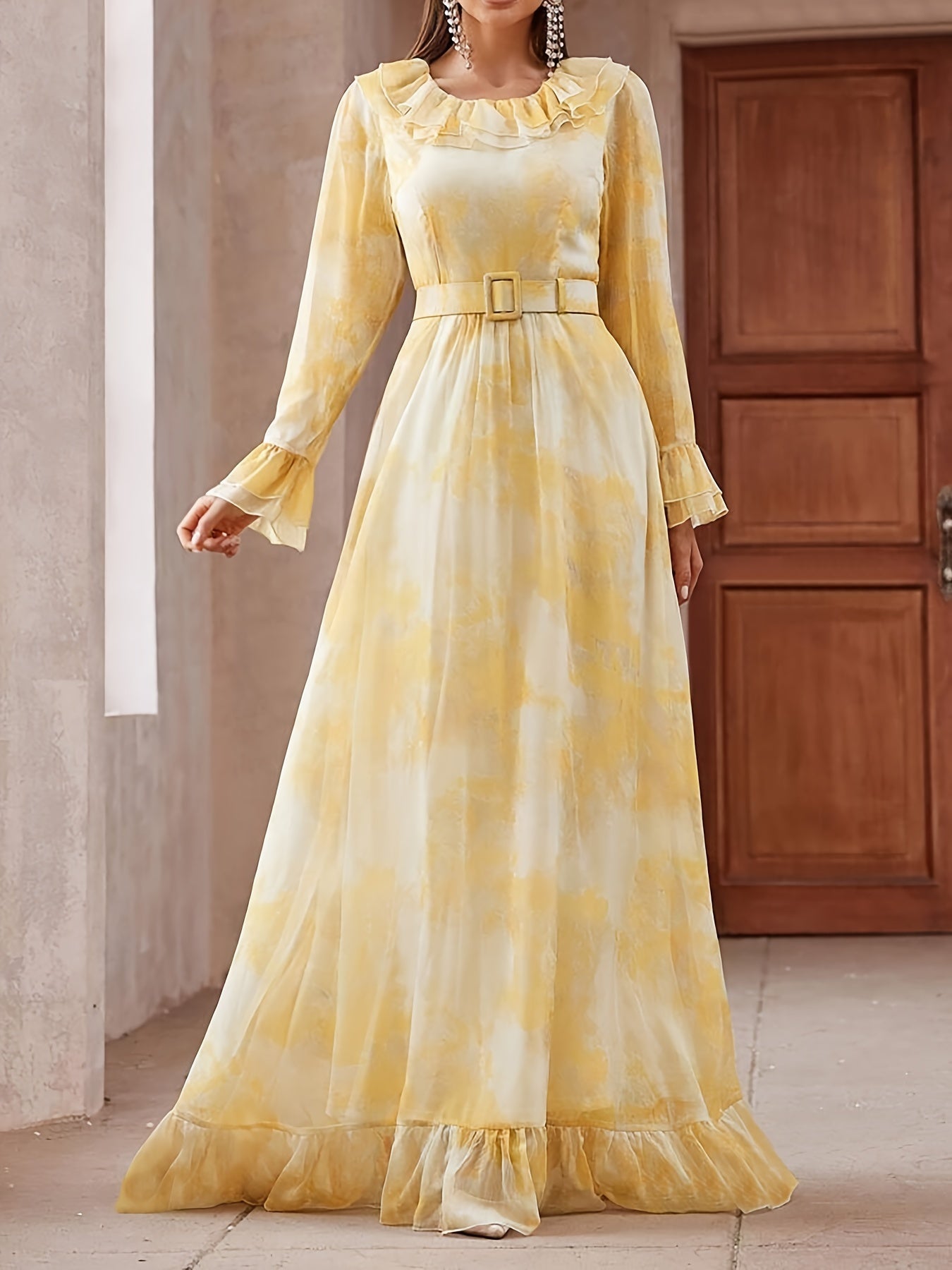 Elegant Long Sleeve Ruffle Hem Swing Maxi Dress for Women, Perfect for Spring & Fall, Flowy and Chic