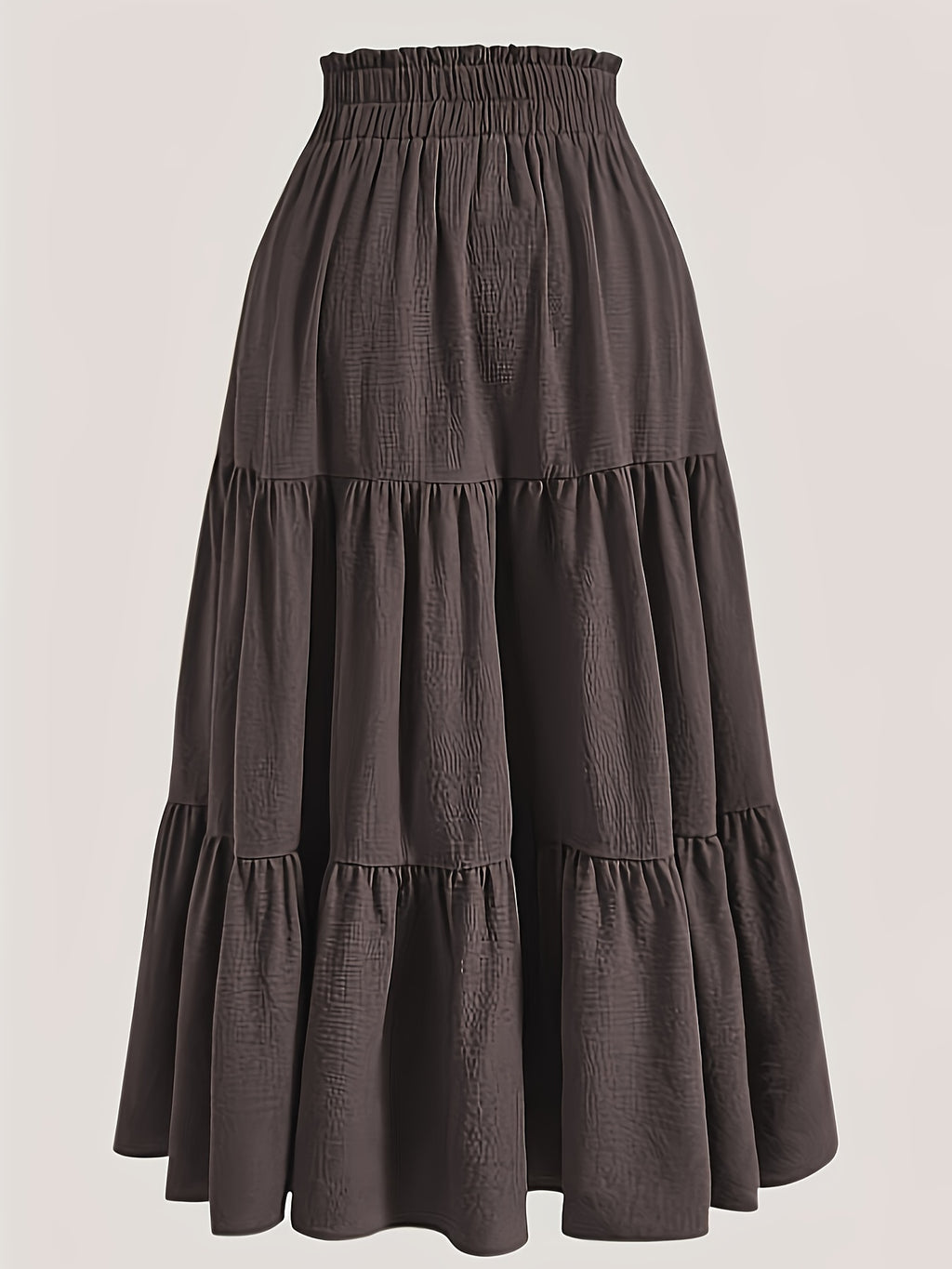 Plus Size Solid Ruched Tiered Skirt, Casual Elastic Waist Midi Skirt For Spring & Summer, Women's Plus Size Clothing