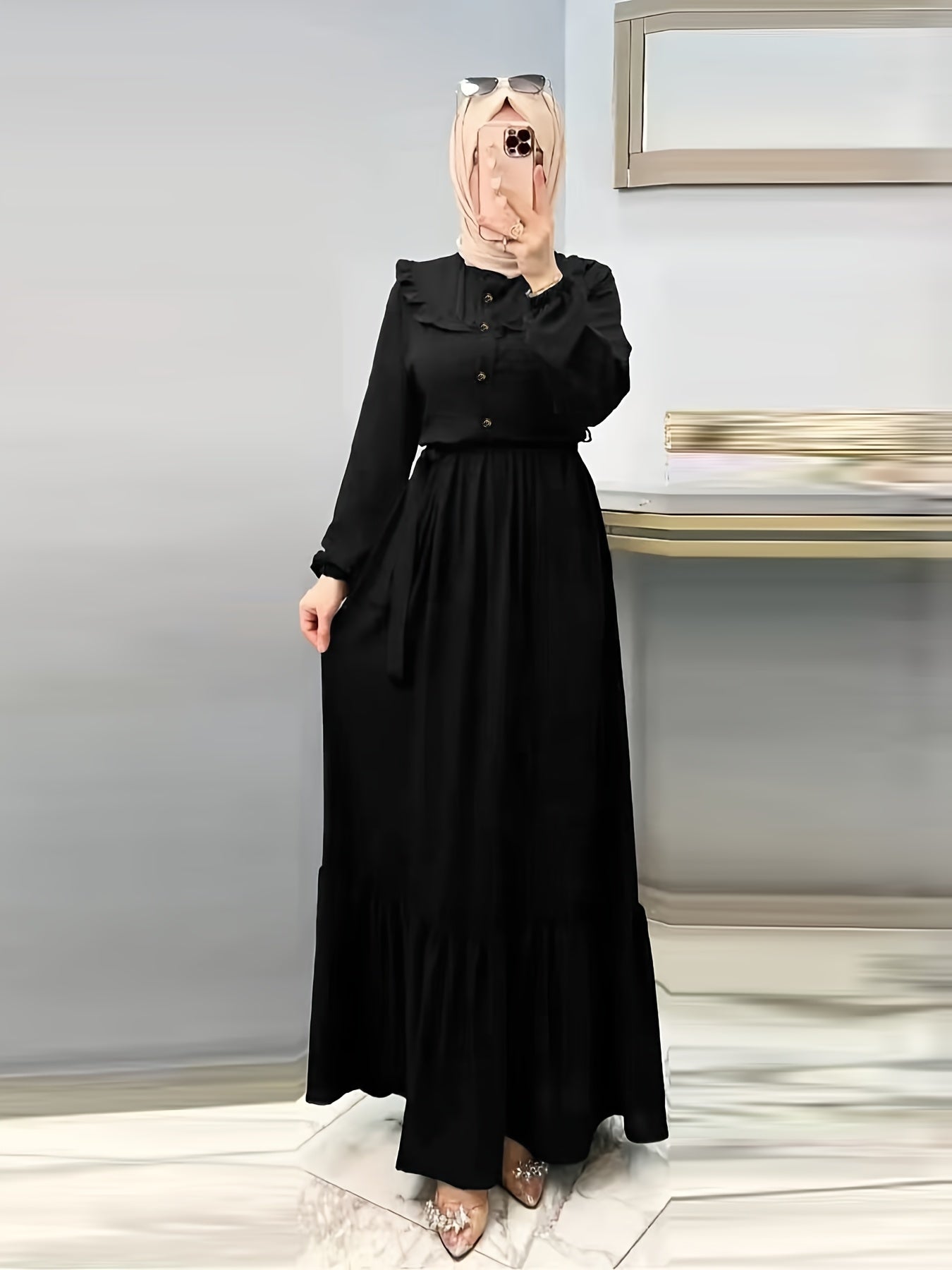Modest Elegance, Elegant Solid Color Maxi Dress for Women - Casual Long Sleeve with Button Detail, Non-Stretch Polyester Blend, Machine Washable - Perfect for All Seasons