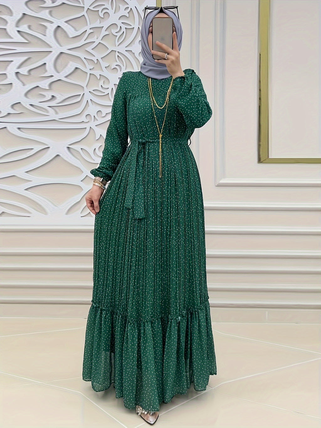Stunning Polka Dot Maxi Dress - Elegant Crew Neck, Long Sleeve, Ruffle Hem, Keyhole Back, Modest, Polyester, Woven, Random Print, Middle East Style, All Seasons, Non-Sheer