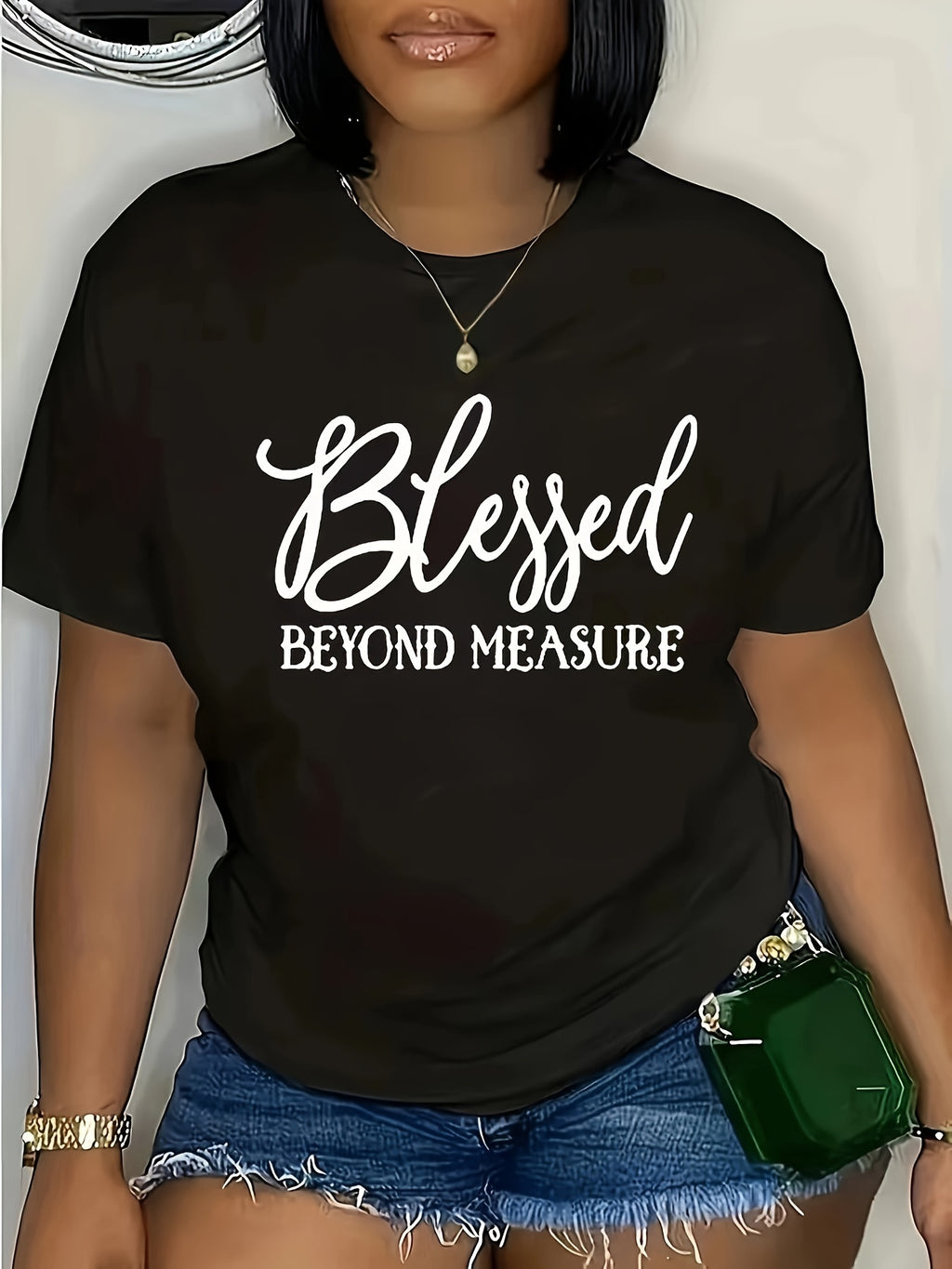 Plus Size Blessed Print T-shirt, Casual Short Sleeve Crew Neck Top For Spring & Summer, Women's Plus Size Clothing