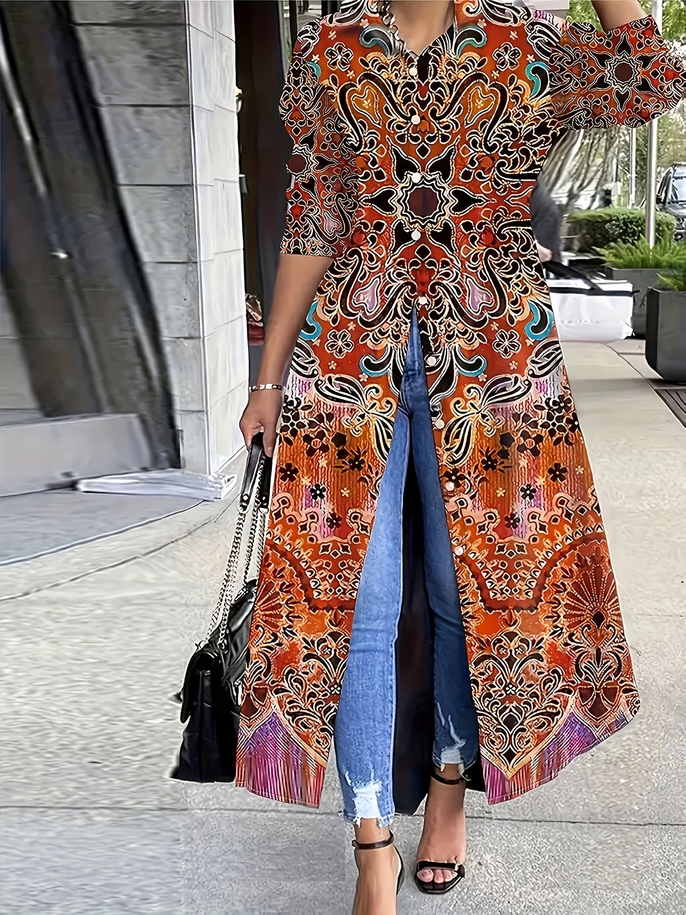Plus Size Floral Print Shirt, Casual Long Sleeve Button Front Shirt, Women's Plus Size Clothing