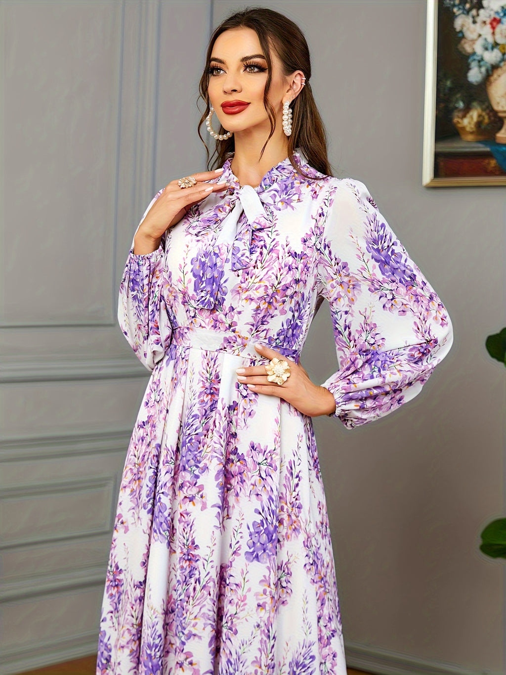 Ramadan Chic - Floral Print Tie Neck Kaftan Abayas - Adjustable Belted Maxi Dress with Full-Length Sleeves - Elegant Womens Ramadan Clothing