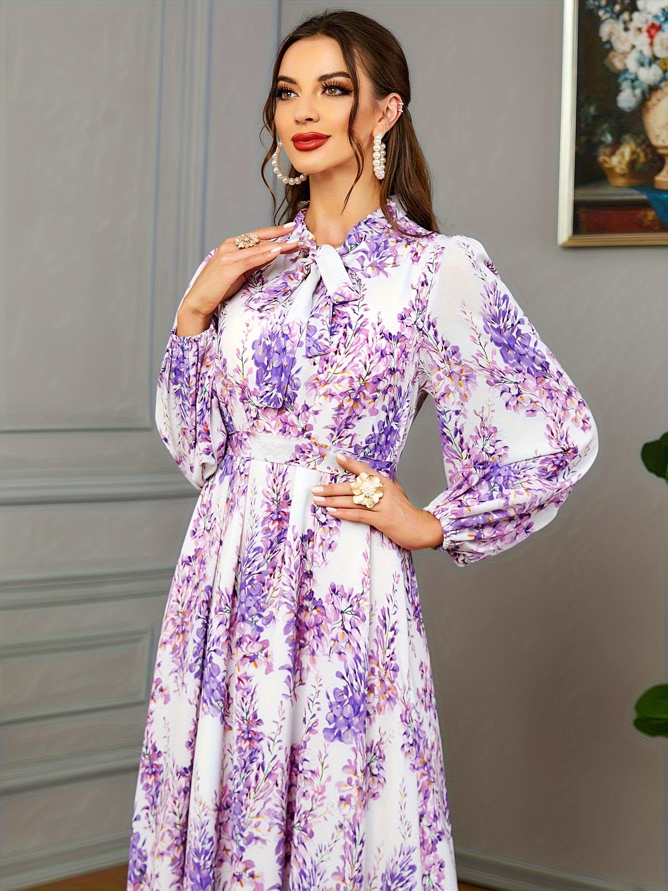 Ramadan Chic - Floral Print Tie Neck Kaftan Abayas - Adjustable Belted Maxi Dress with Full-Length Sleeves - Elegant Womens Ramadan Clothing