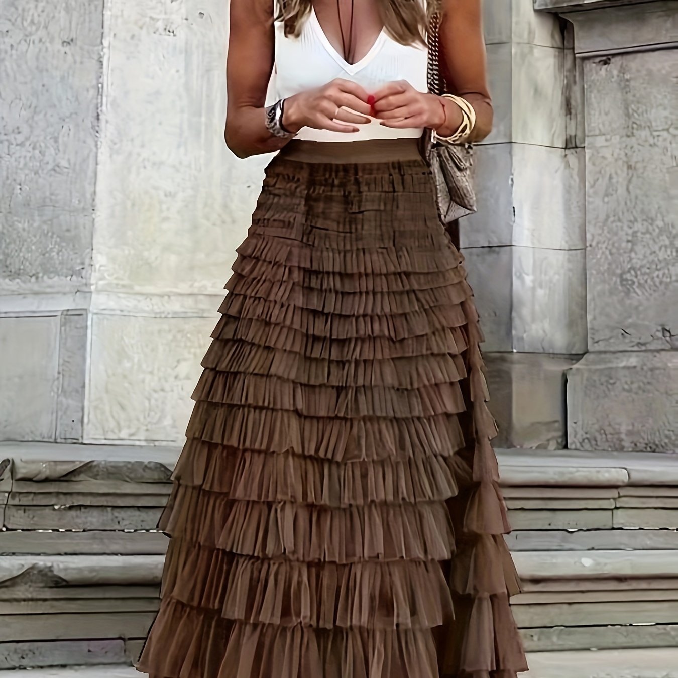 Mesh Layered Hem Skirt, Boho High Waist Skirt, Women's Clothing