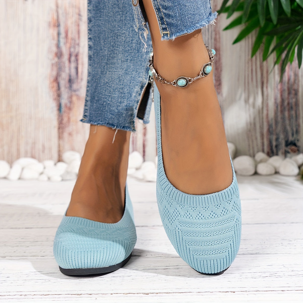 Women'S Light Blue Knit Slip-On Flats with Ankle Strap - Round Toe Casual Shoes, Comfortable Fabric Upper & Synthetic Cover Lining, All-Season Versatile for Casual Attire, Ladies Shoes