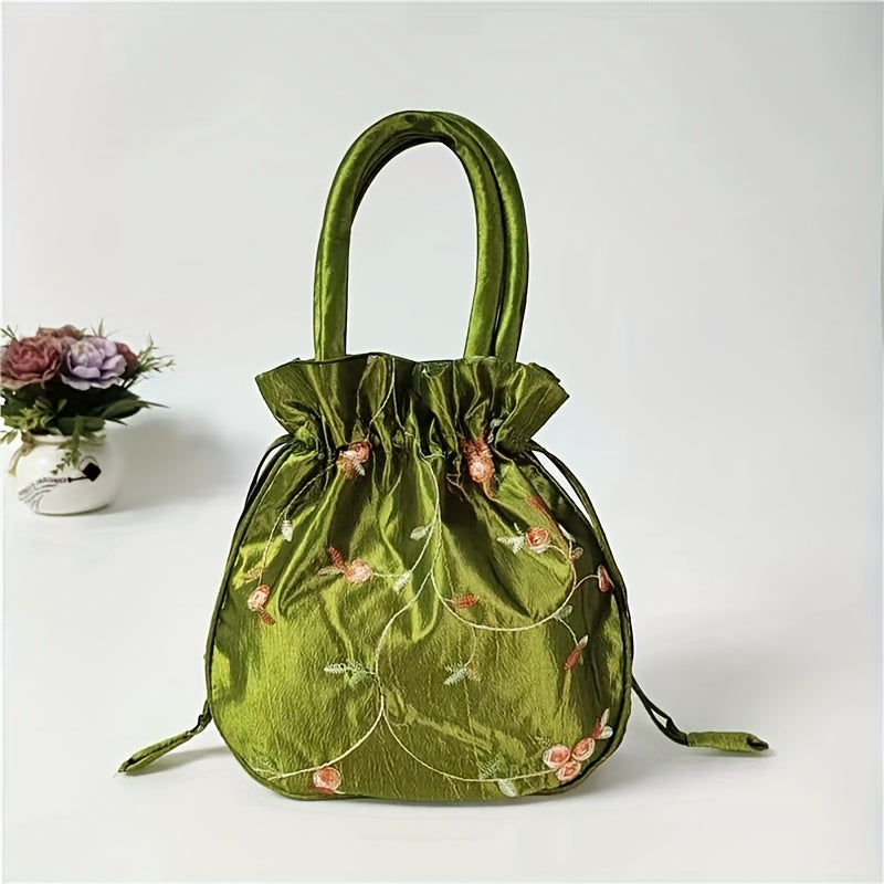 1pc Elegant Floral Clutch for Wo/Chic Drawstring Bucket Bag/Polyester Lining/Perfect for Coins & Phone/White & Pink/Cute Purse