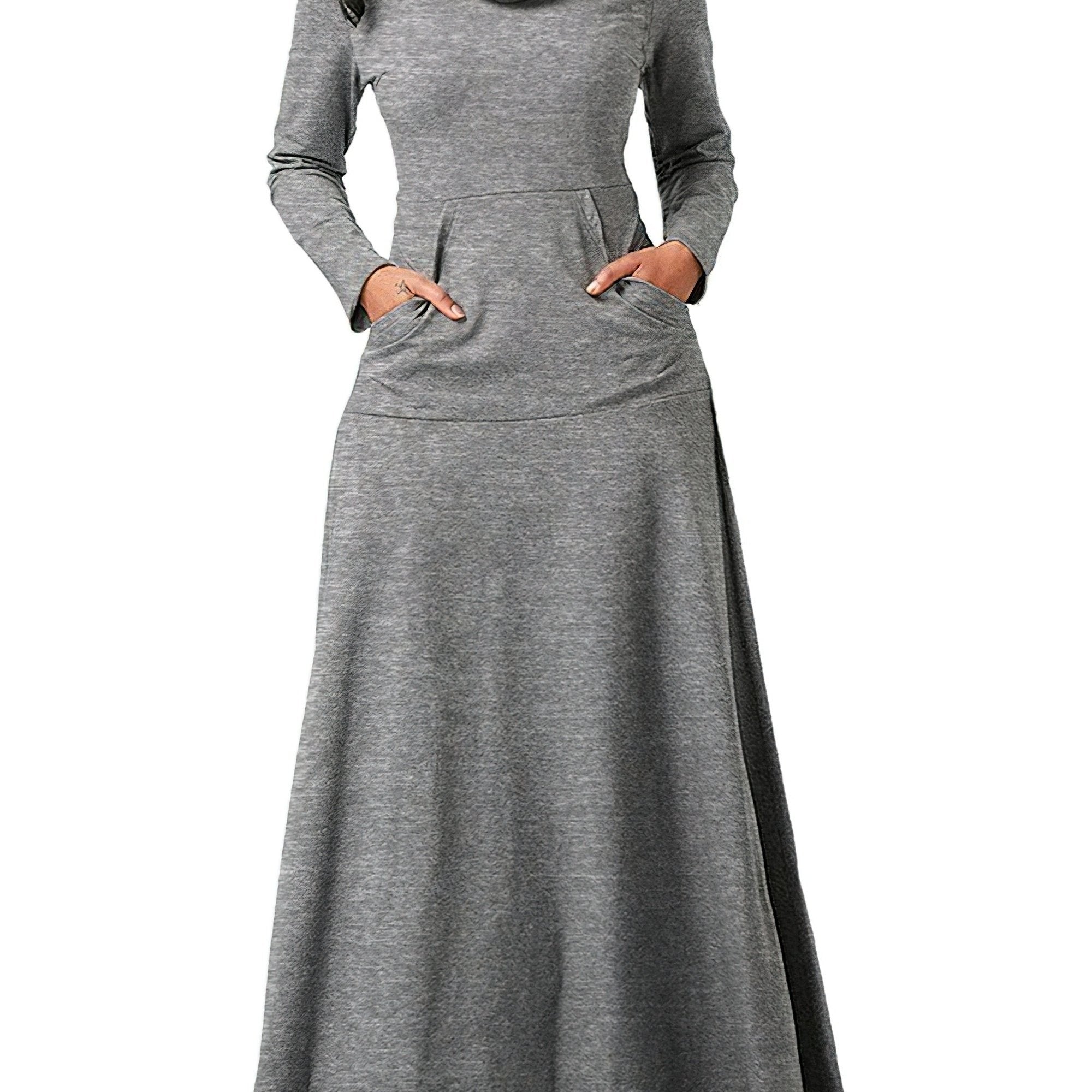 Plus Size Comfort Maxi Dress - Casual Turtleneck with Pockets, All-Season High Stretch & Machine Washable