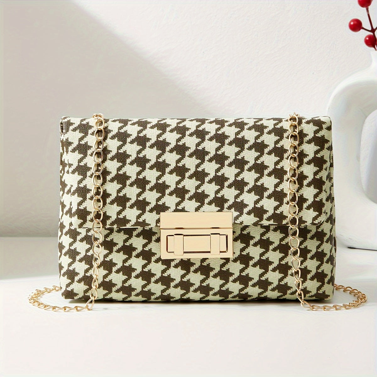 Houndstooth Crossbody Bag, Fashion Chain Shoulder Bag, Women's Flap Square Purse With Lock