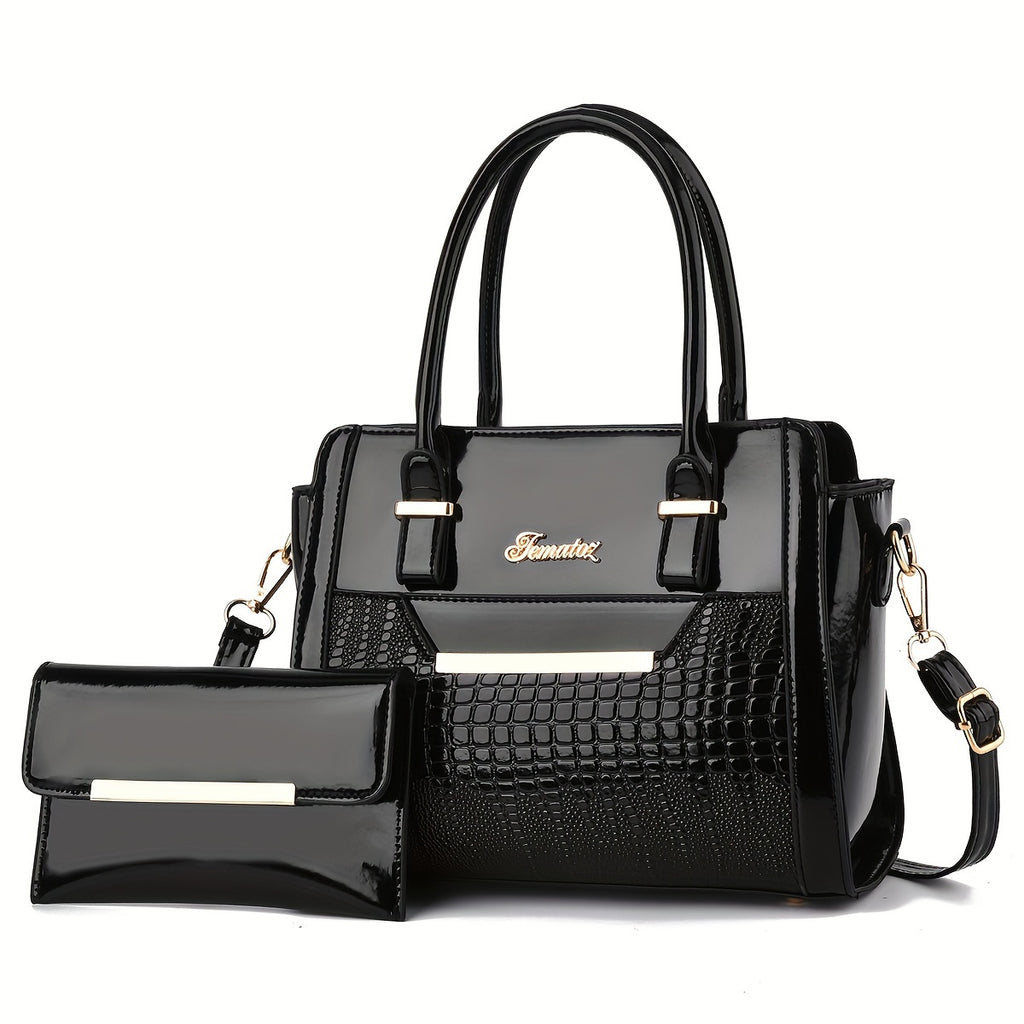 Classic Solid Color Crocodile Pattern Handbag with Clutch Purse, Textured Bags for Wo