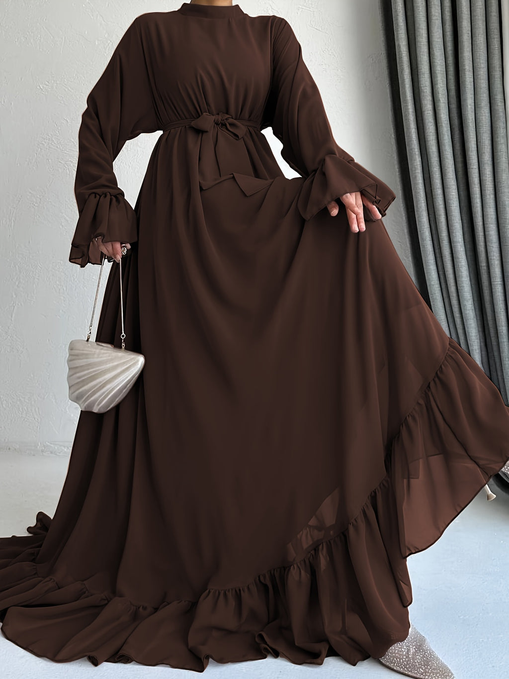 Stunning Solid Color Belted Peplum Maxi Dress - Elegant Abayas for Women with Long Sleeves, Pleated Design, and Flattering Silhouette for Spring and Fall Seasons - Chic and Modest Clothing for Ladies