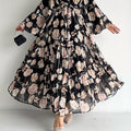 Flawless Floral Print Kaftan Maxi Dress - Flowy Crew Neck, Belted Waist, Luxurious Long Sleeves - A Stylish & Elegant Womens Clothing Choice for All Seasons