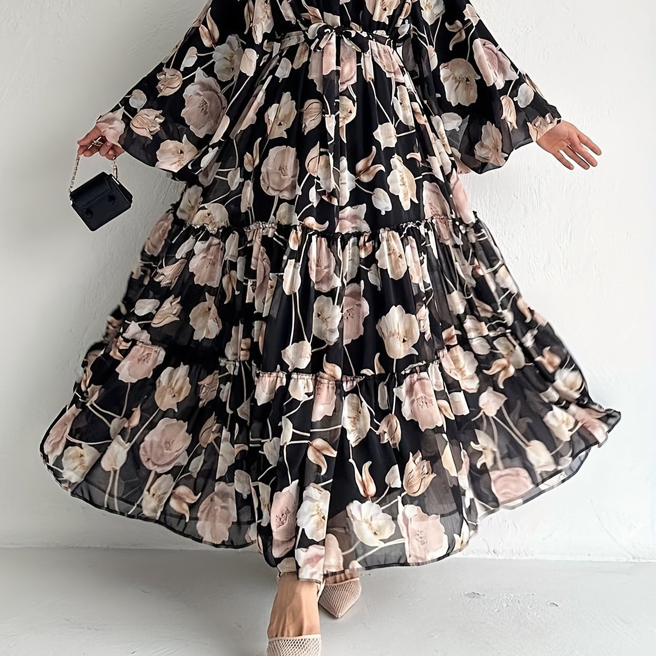 Flawless Floral Print Kaftan Maxi Dress - Flowy Crew Neck, Belted Waist, Luxurious Long Sleeves - A Stylish & Elegant Womens Clothing Choice for All Seasons