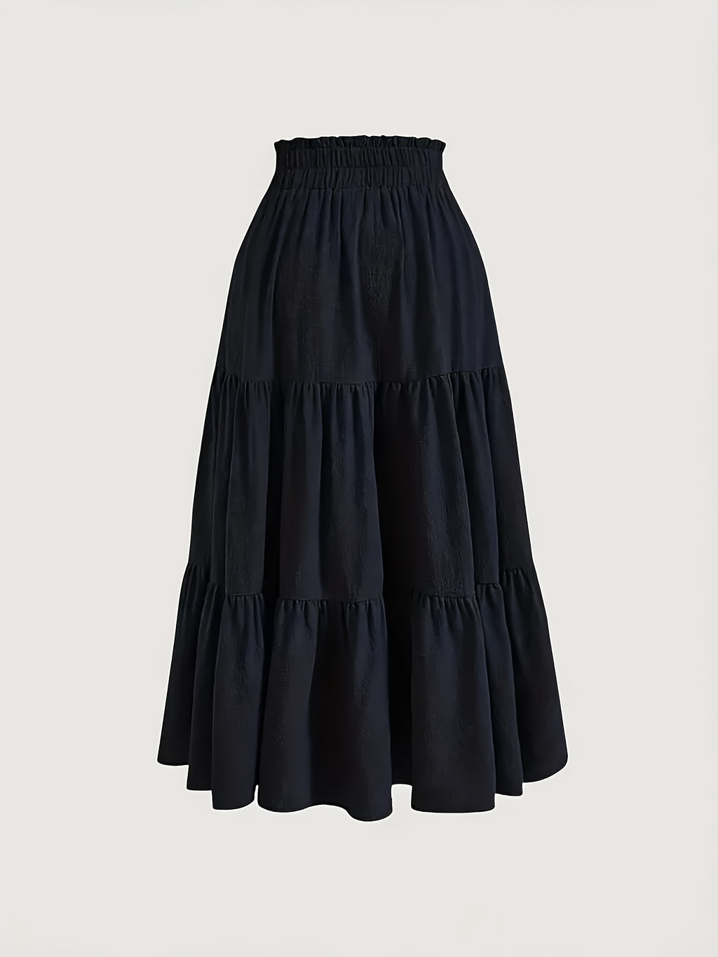 Plus Size Solid Ruched Tiered Skirt, Casual Elastic Waist Midi Skirt For Spring & Summer, Women's Plus Size Clothing