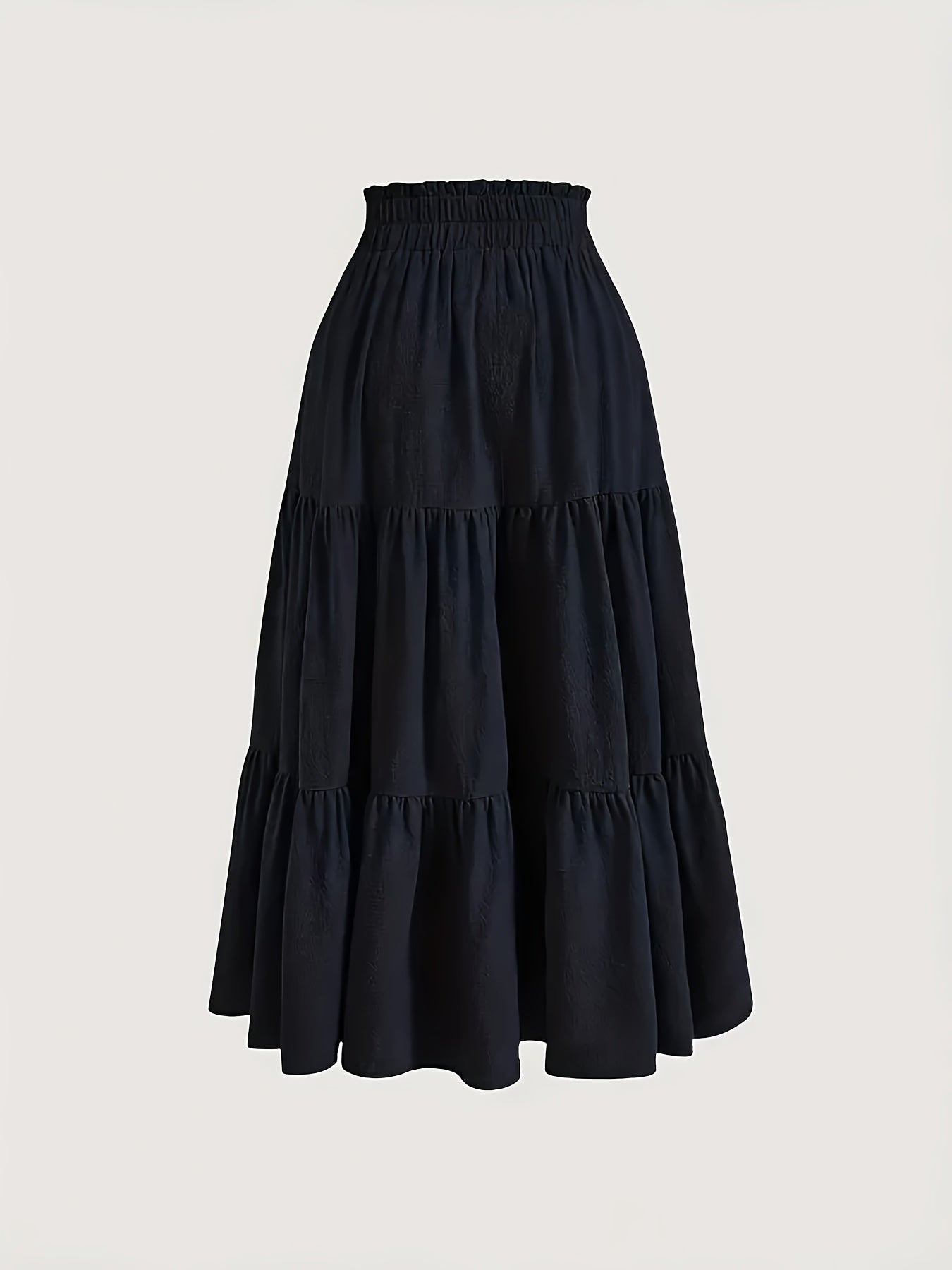 Plus Size Solid Ruched Tiered Skirt, Casual Elastic Waist Midi Skirt For Spring & Summer, Women's Plus Size Clothing