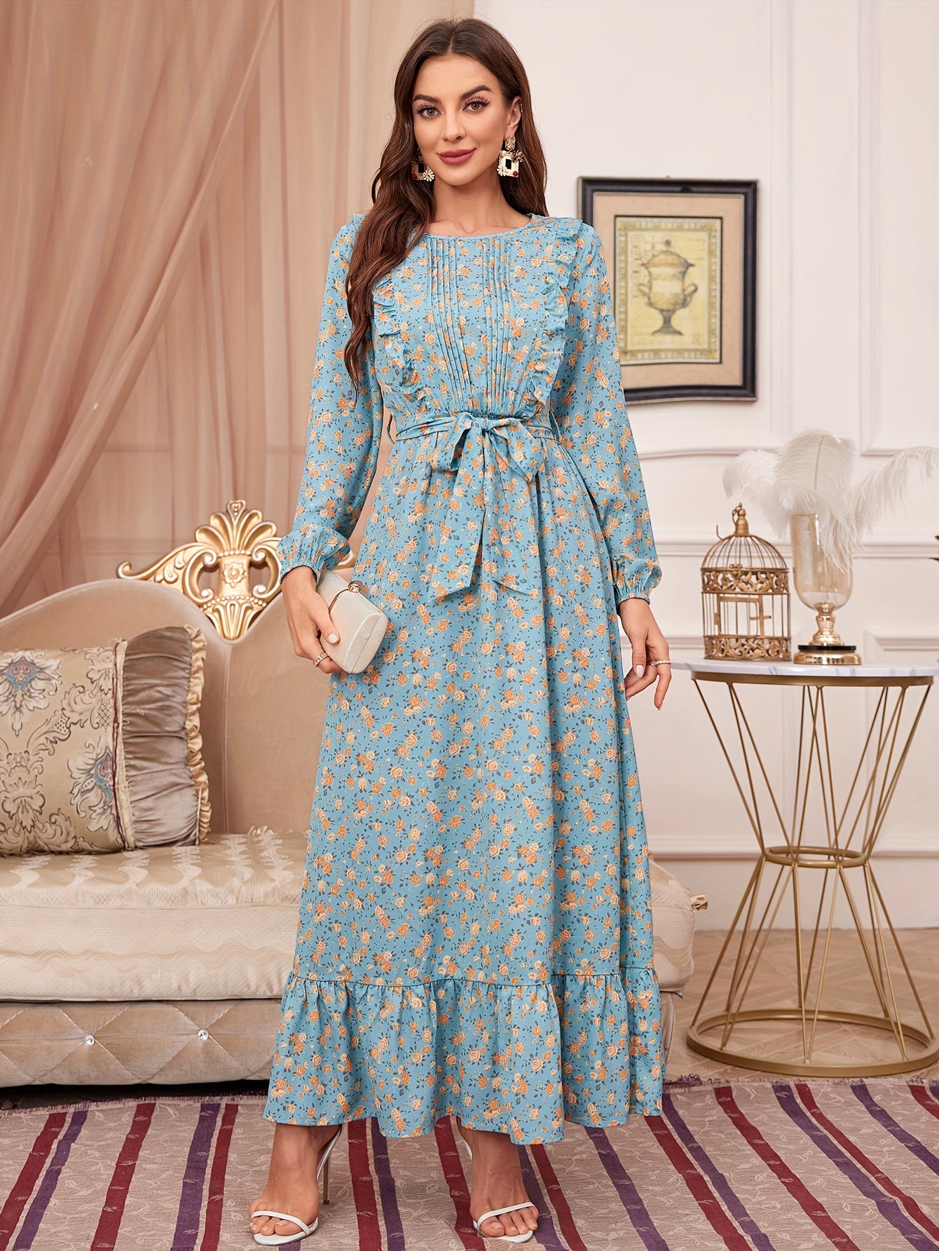 Floral Print Ruffle Hem Dress, Elegant Tucked Long Sleeve Belted Maxi Dress For Spring & Fall, Women's Clothing