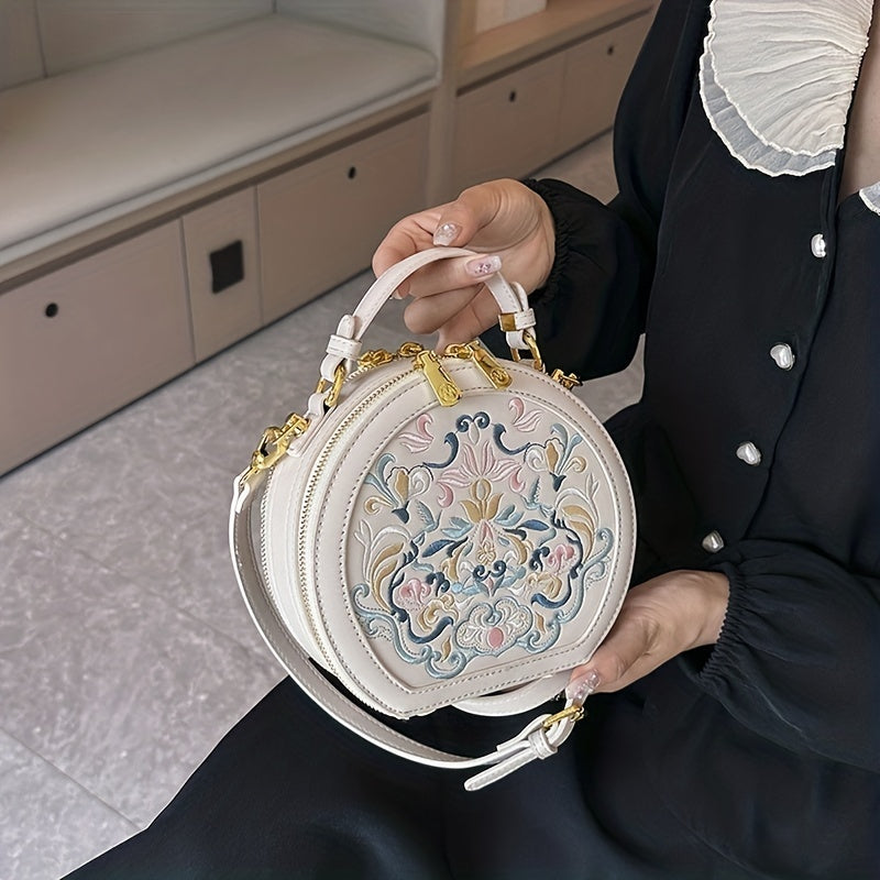 Elegant Floral Embroidered Crossbody Bag - Chic Faux Leather Shoulder Purse with Golden-Tone Hardware, Zip Closure, and Polyester Lining - Handwash/Dry Clean, Multicolor