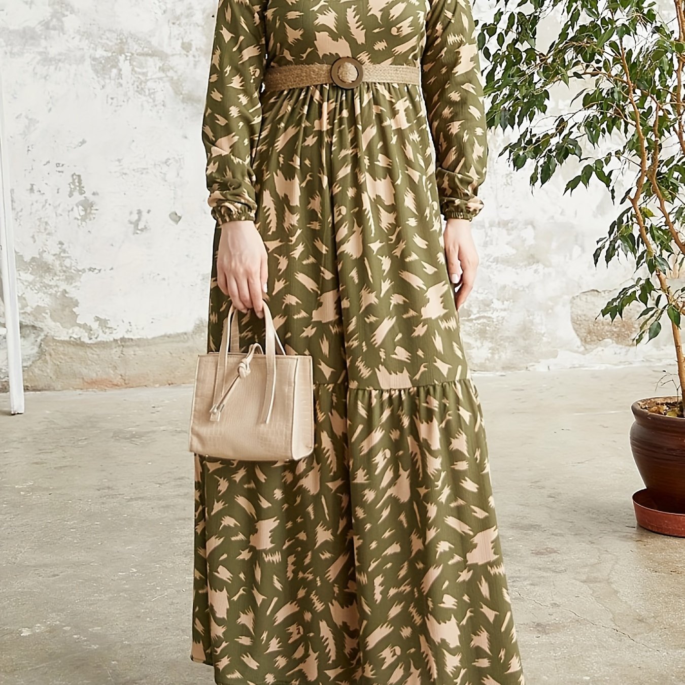 Vibrant Color Block Maxi Dress - Elastic Polyester Crew Neck Modest Dress with Belt, Machine Washable, Random Print, Woven Fabric, Perfect for Spring & Fall, Middle East Style Womens Clothing