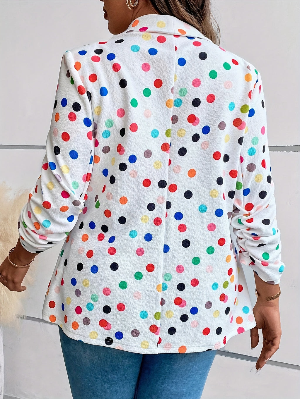 Plus Size Polka Dot Pattern Button Blazer, Elegant Long Sleeve Blazer For Office & Work, Women's Plus Size Clothing