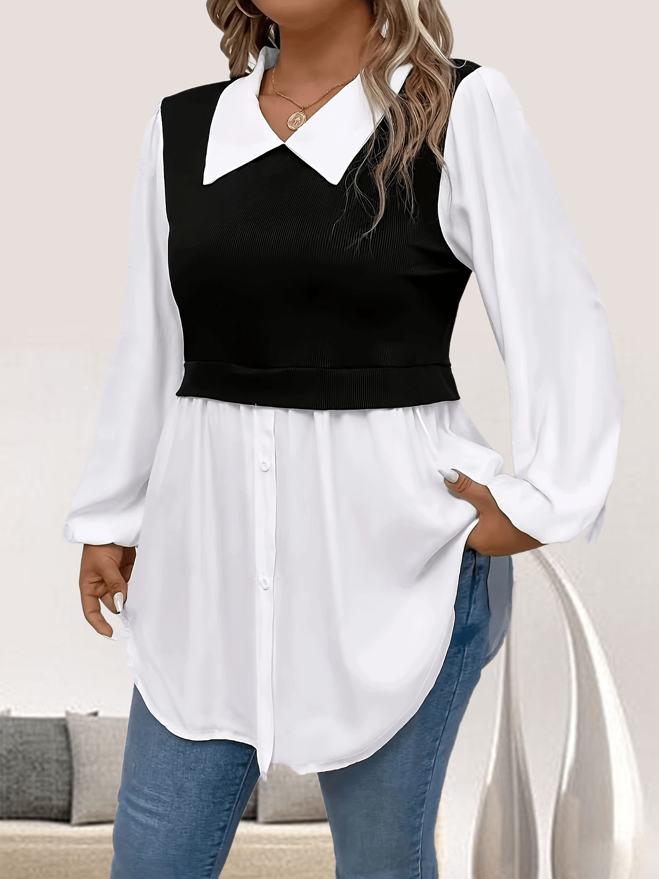 Plus Size Colorblock Polo Collar Blouse, Casual Long Sleeve Blouse For Spring & Fall, Women's Plus Size Clothing