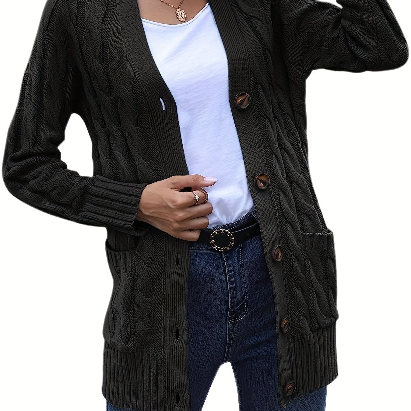 Plus Size Side Pockets Button Front Cardigans, Casual V Neck Solid Color Long Sleeve Cable Knit Cardigans Top For Winter & Fall, Women's Plus Size Clothing