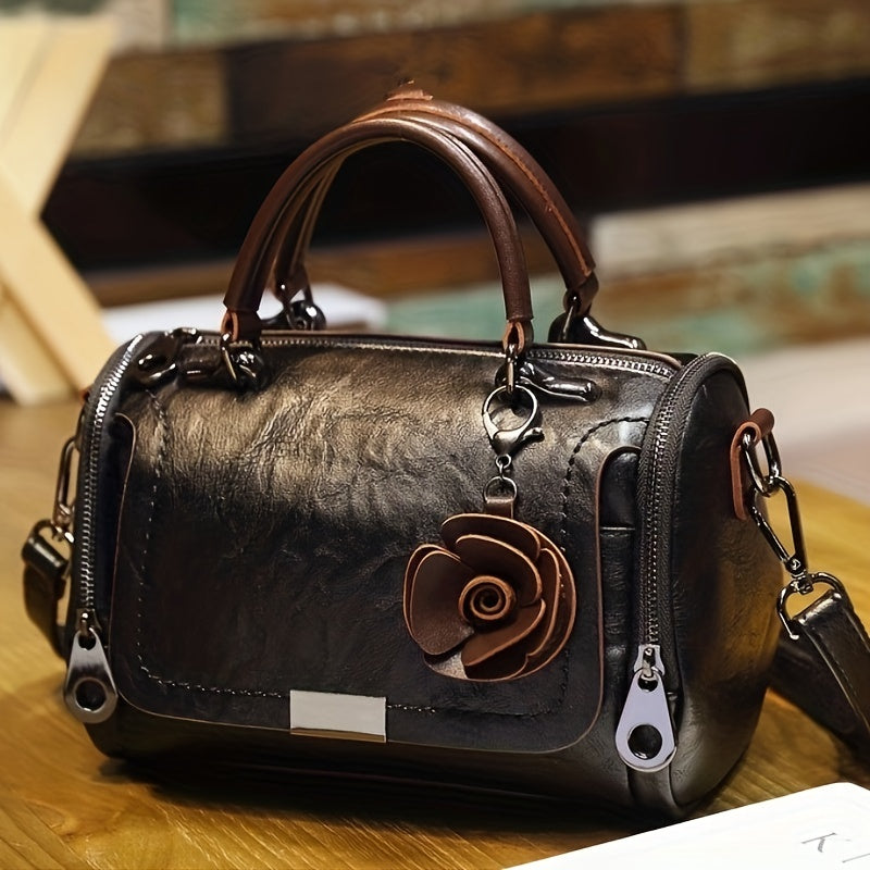 Vintage Top Handle Boston Bag, Retro Genuine Leather Crossbody Bag, Women's Classic Handbag, Shoulder Bag & Purse