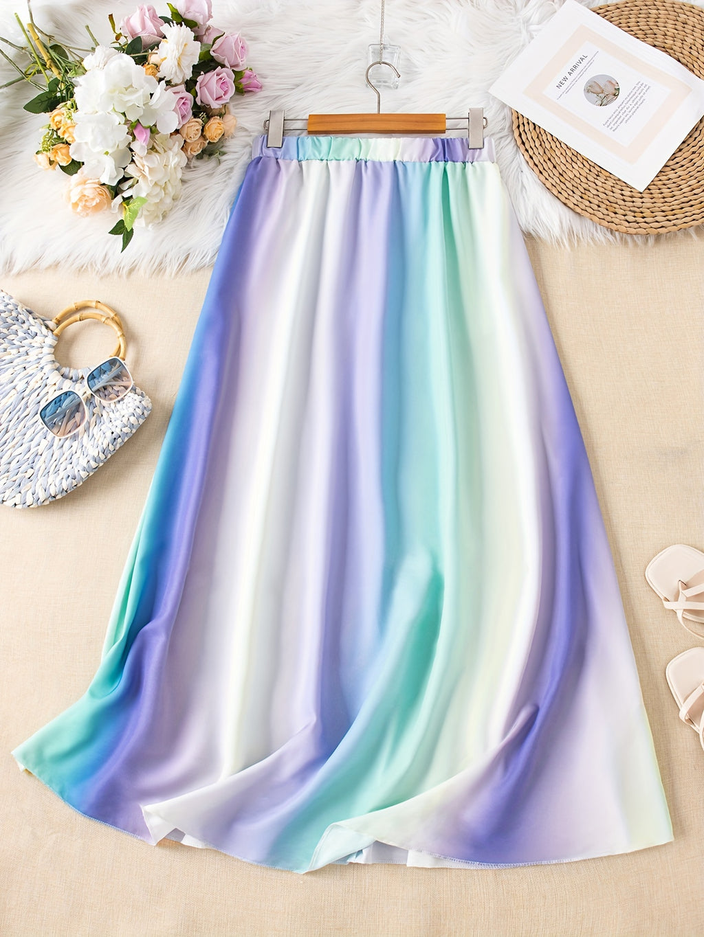 Plus Size Ombre Print Elastic Waist Skirt, Casual Skirt For Spring & Summer, Women's Plus Size Clothing