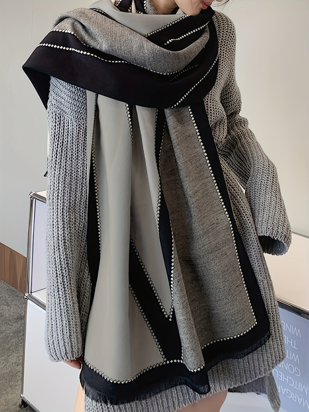 Plus Size Colorblock Striped Shawl Coat, Casual Open Front Cover Up Scarf Outwear, Women's Plus Size Clothing