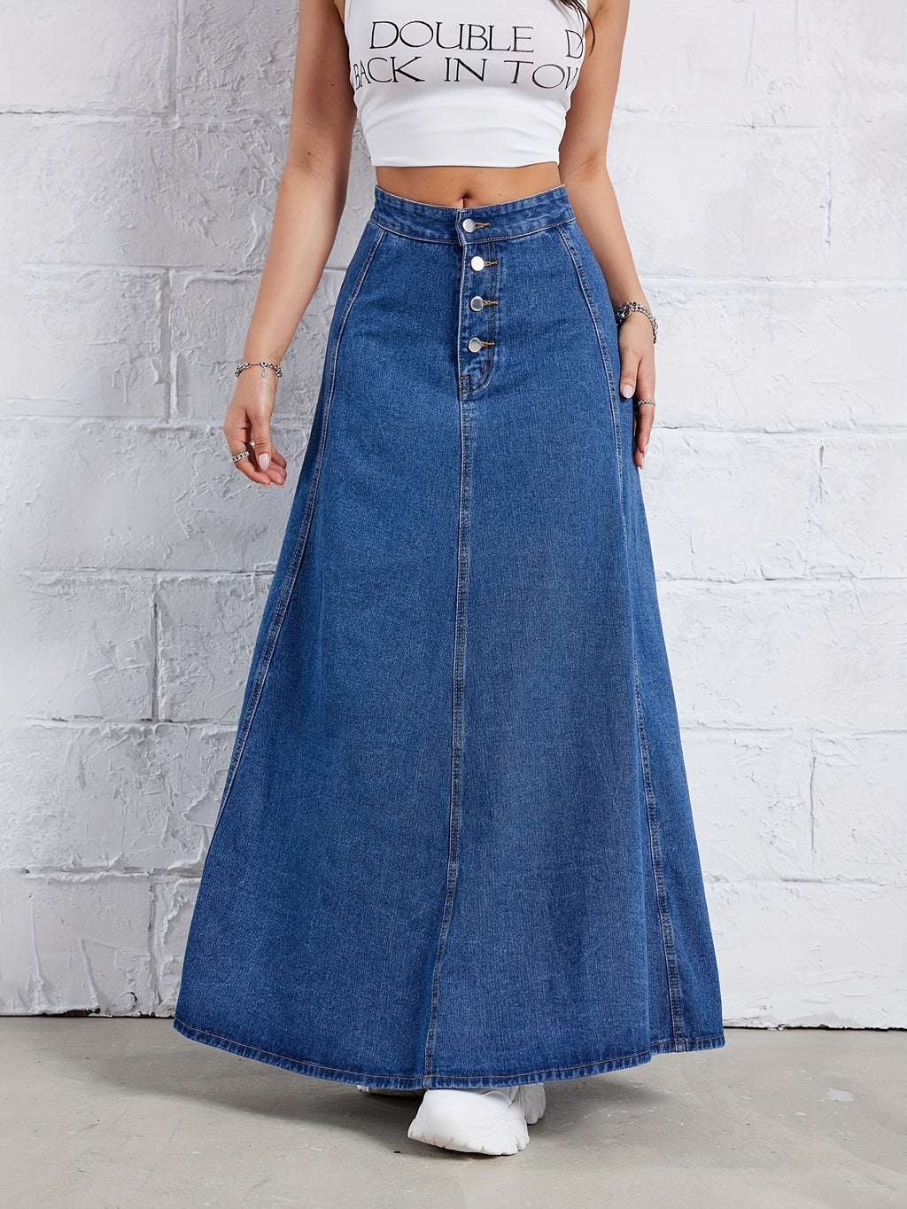 Plain Washed Blue Denim Skirt, Elegant High Rise Maxi Denim Skirt, Women's Denim Jeans & Clothing
