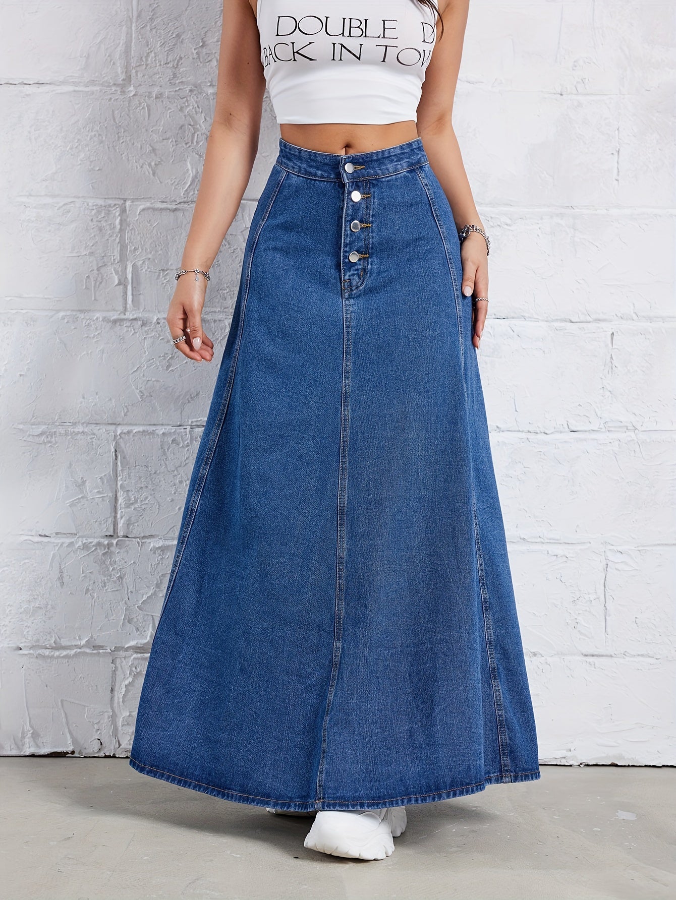 Plain Washed Blue Denim Skirt, Elegant High Rise Maxi Denim Skirt, Women's Denim Jeans & Clothing