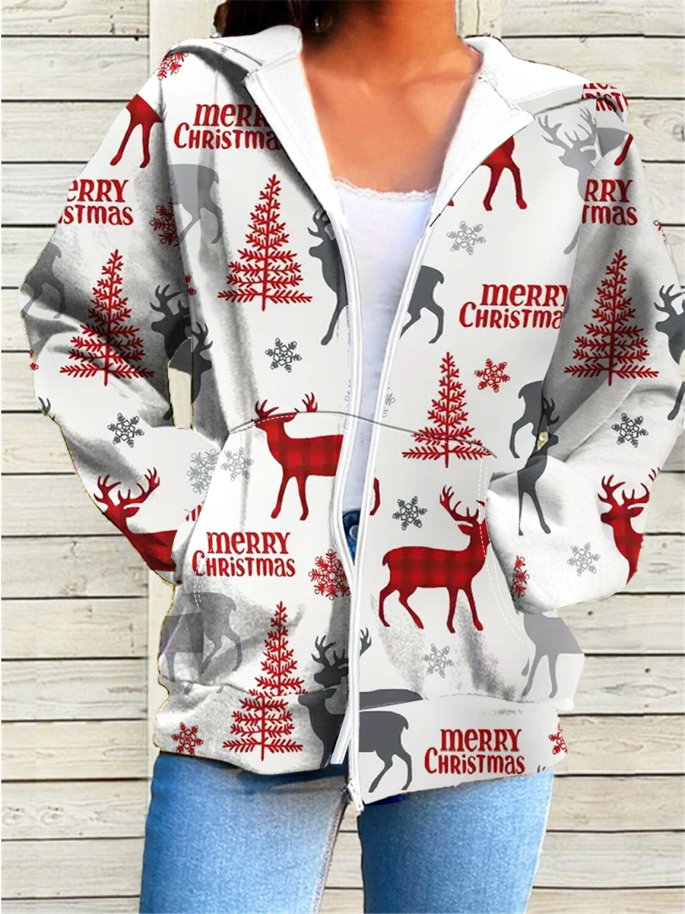 Women's Elegant Winter White & Red Christmas Jacket with Reindeer, Snowflakes & Tree Print - Full-Zip Hooded Coat, Full-Length Zipper Closure, Machine Washable Casual Outerwear for Holiday Parties, Christmas Outfits & Everyda