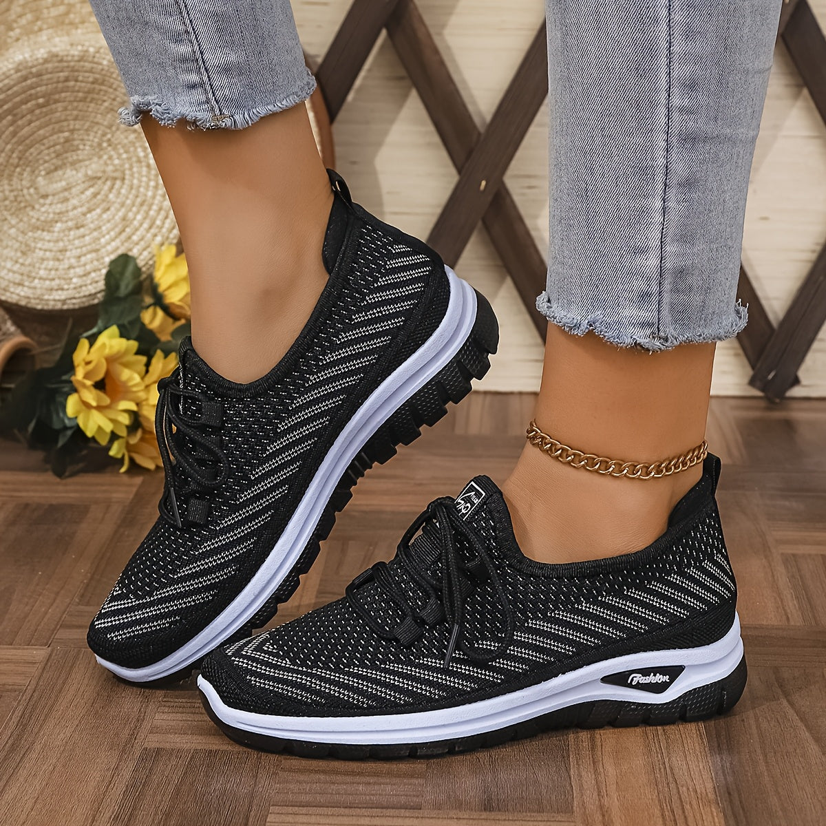Women'S Breathable Casual Sports Shoes, Knitted Striped Pattern Lace-Up Comfortable Travel Sneakers, Outdoor Anti-Slip Lightweight Walking Beach Vacation Tennis Shoes, Women'S Sneaker, High Cut Shoe Without Lace, Aerobics Dan