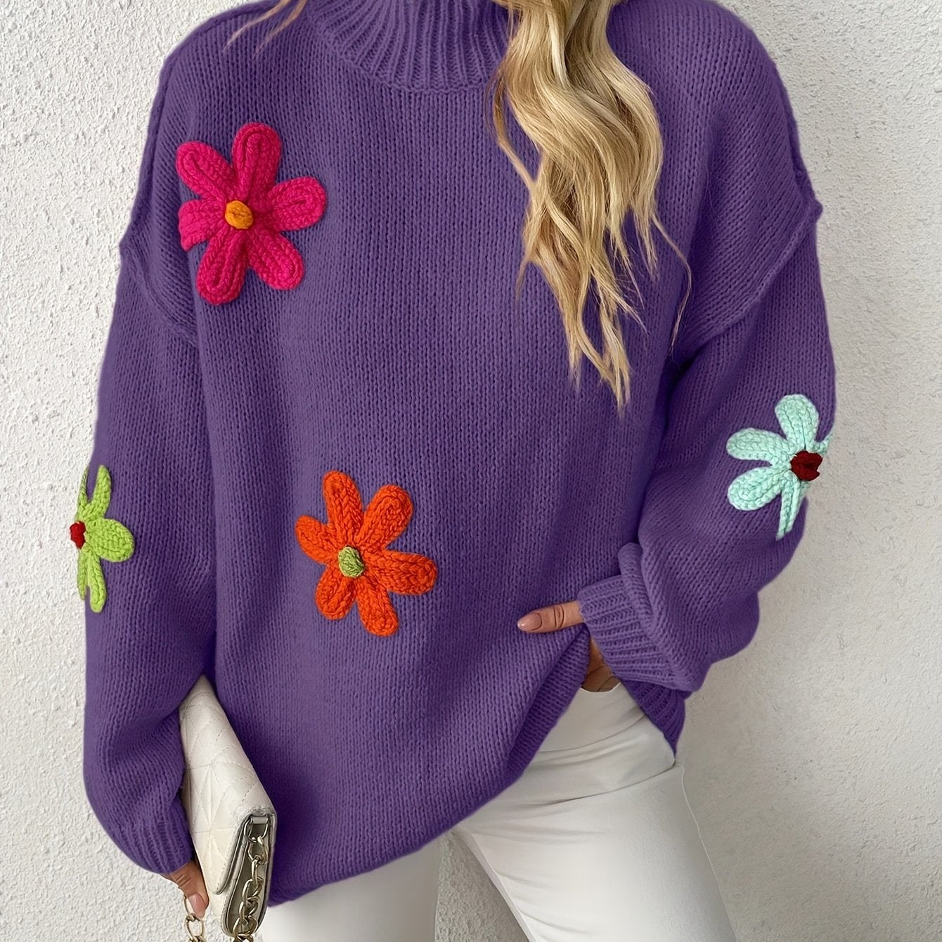 Plus Size Floral Applique Knit Sweater, Casual Long Sleeve High Neck Top For Fall & Winter, Women's Plus Size Clothing