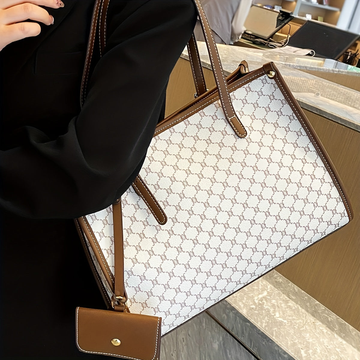 Trendy Colorblock Tote Bag, Retro Large Capacity Square Shoulder Bag With Hanging Mini Purse For Women