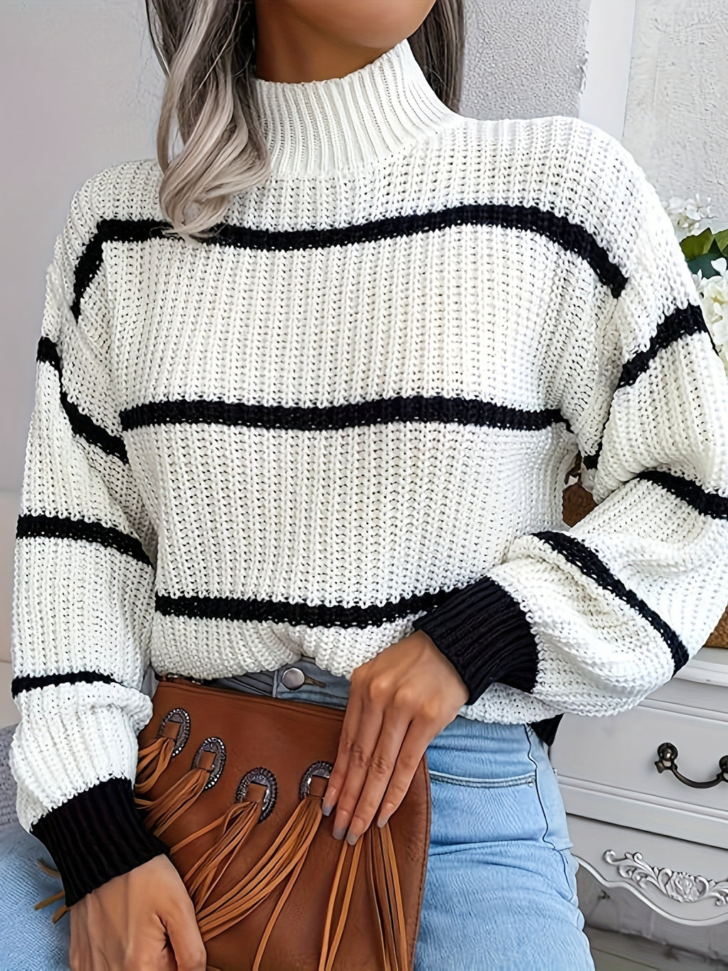 Plus Size Color Block Knitted Sweater, Casual Stylish Mock Neck Long Sleeve Sweater For Fall & Winter, Women's Plus Size Clothing