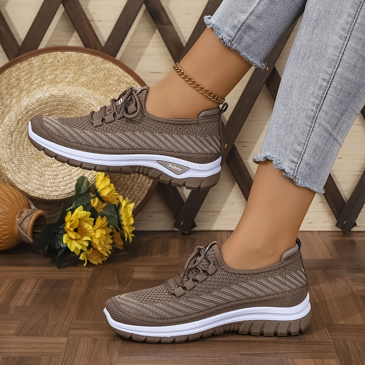 Women'S Breathable Casual Sports Shoes, Knitted Striped Pattern Lace-Up Comfortable Travel Sneakers, Outdoor Anti-Slip Lightweight Walking Beach Vacation Tennis Shoes, Women'S Sneaker, High Cut Shoe Without Lace, Aerobics Dan