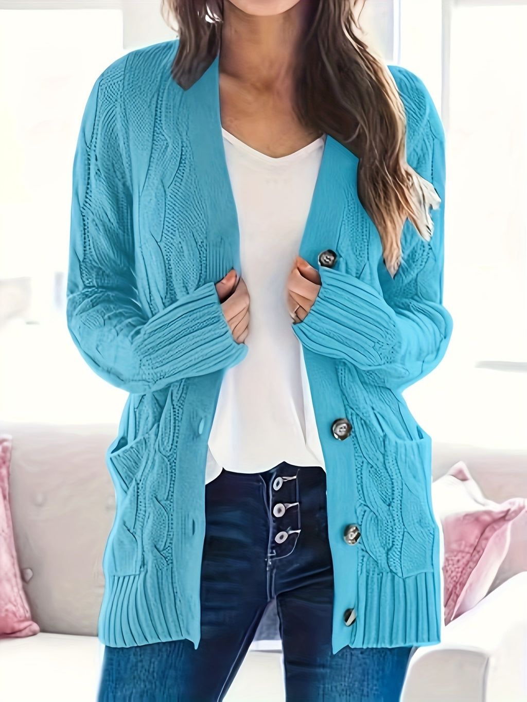 Plus Size Side Pockets Button Front Cardigans, Casual V Neck Solid Color Long Sleeve Cable Knit Cardigans Top For Winter & Fall, Women's Plus Size Clothing