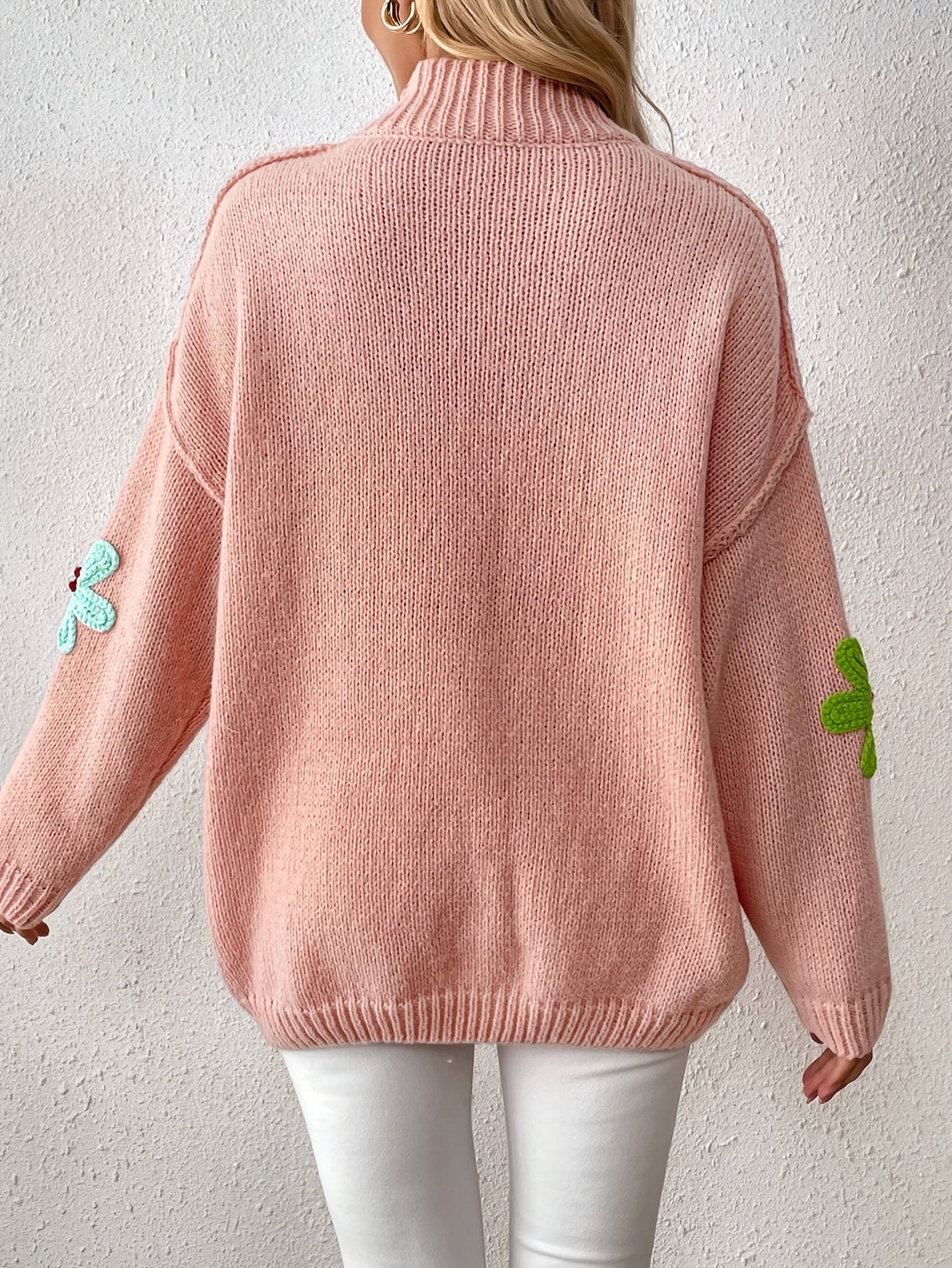Plus Size Floral Applique Knit Sweater, Casual Long Sleeve High Neck Top For Fall & Winter, Women's Plus Size Clothing