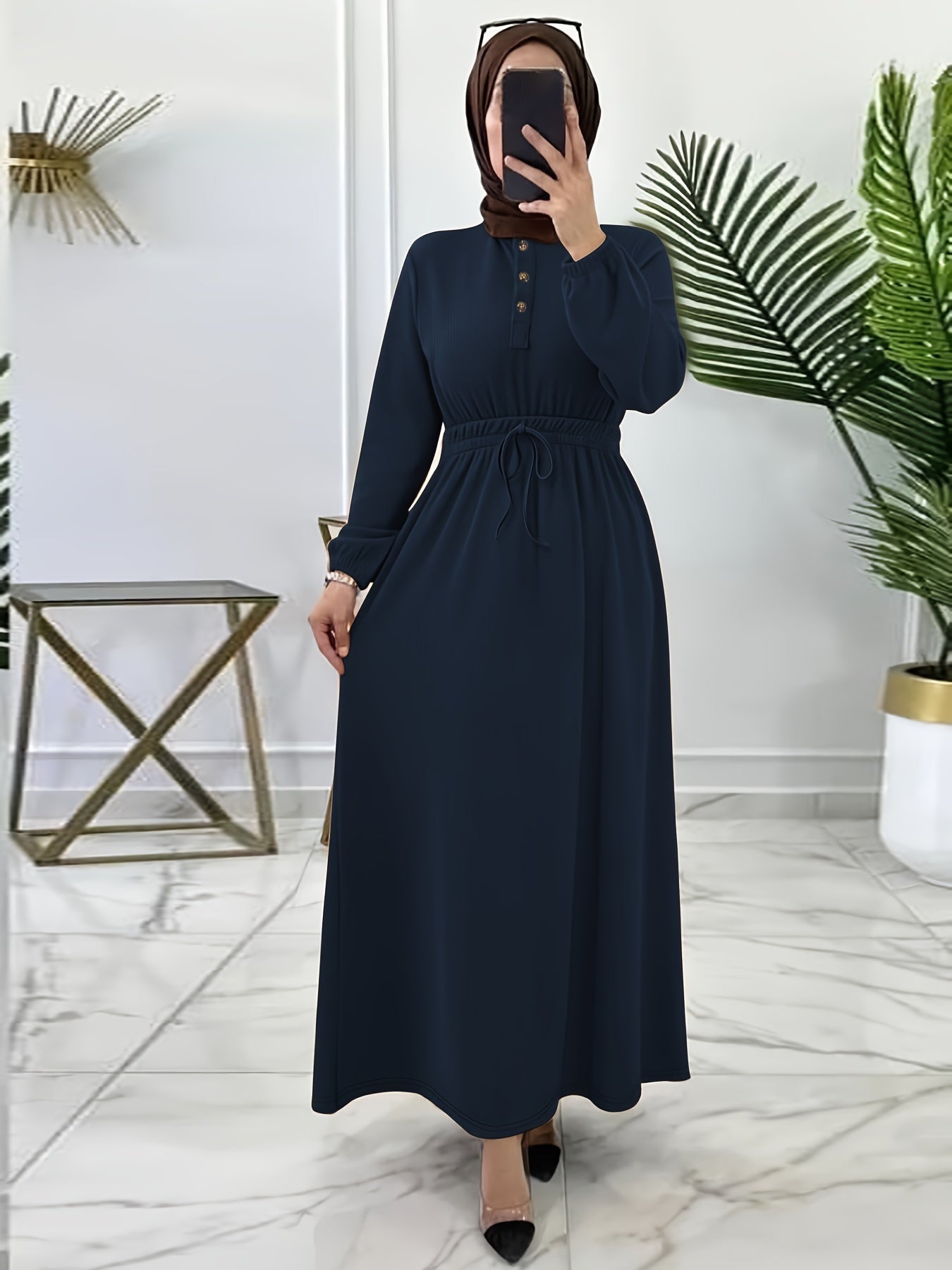 Elegant Navy Blue Maxi Dress for Women - Casual Solid Color with Button Detail, Long Sleeves, Polyester & Spandex Blend, Machine Washable - Perfect for All Seasons