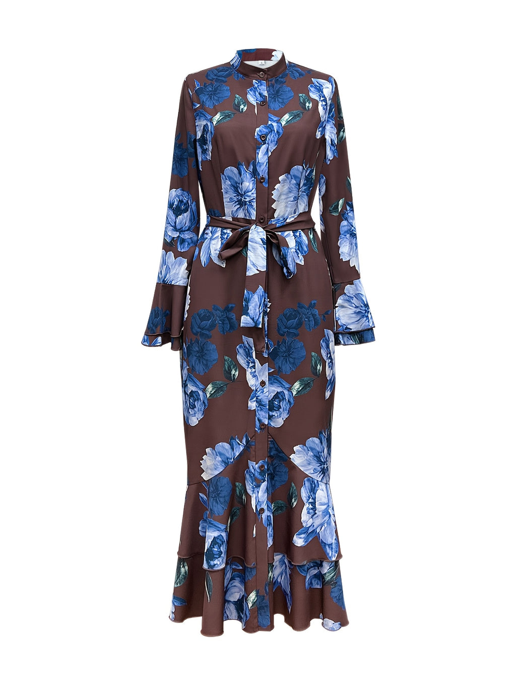 Print Maxi Dress with Belt - Long Sleeve, Mock Neck, Non-Stretch Polyester - Perfect for Spring & Fall