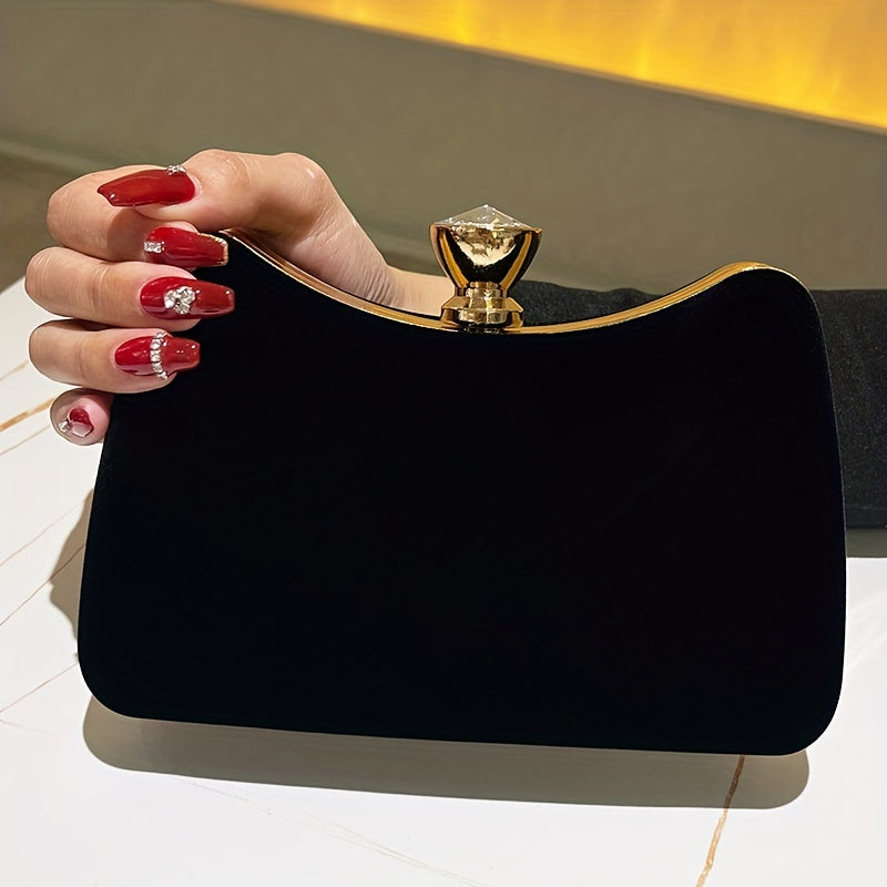 Women'S Elegant Black Luxury Evening Clutch Handbag with Golden-Tone Hardware - Structured Round Top & Chain Strap, Formal Party Purse for Special Occasions, Sophisticated Accessory, Golden-Tone Buckle Closure