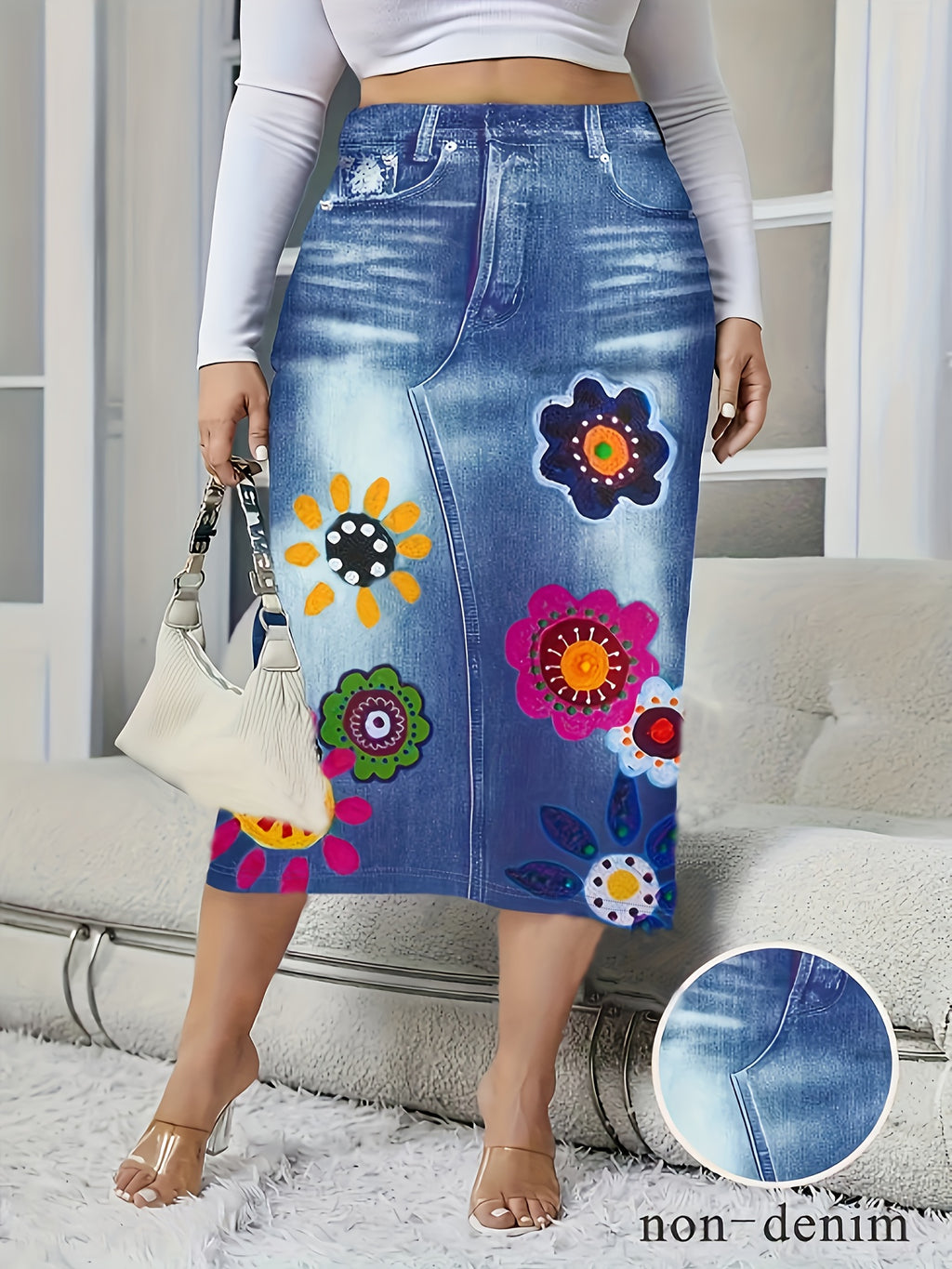 Plus Size Faux Denim Floral Print Skirt, Casual High Waist Midi Skirt For Spring & Summer, Women's Plus Size Clothing