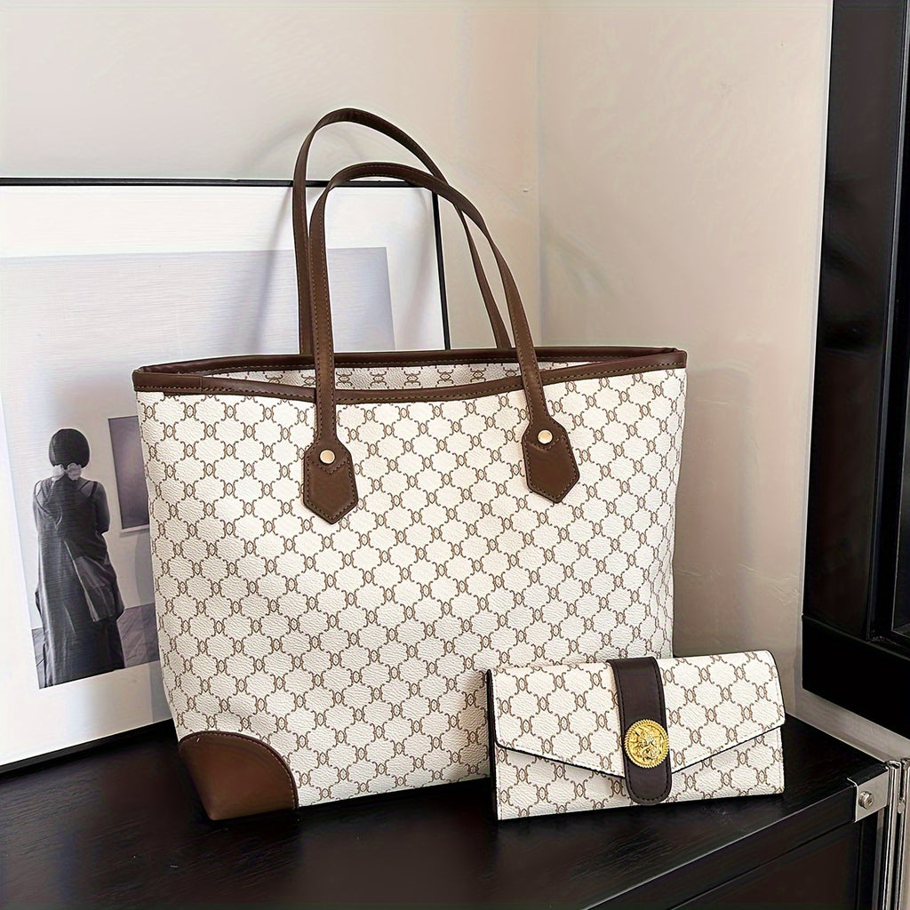 Classic Elegant Tote Shoulder Bag With Long Purse, Elegant Textured Women's Bags, New Year & Valentine's Day Gift