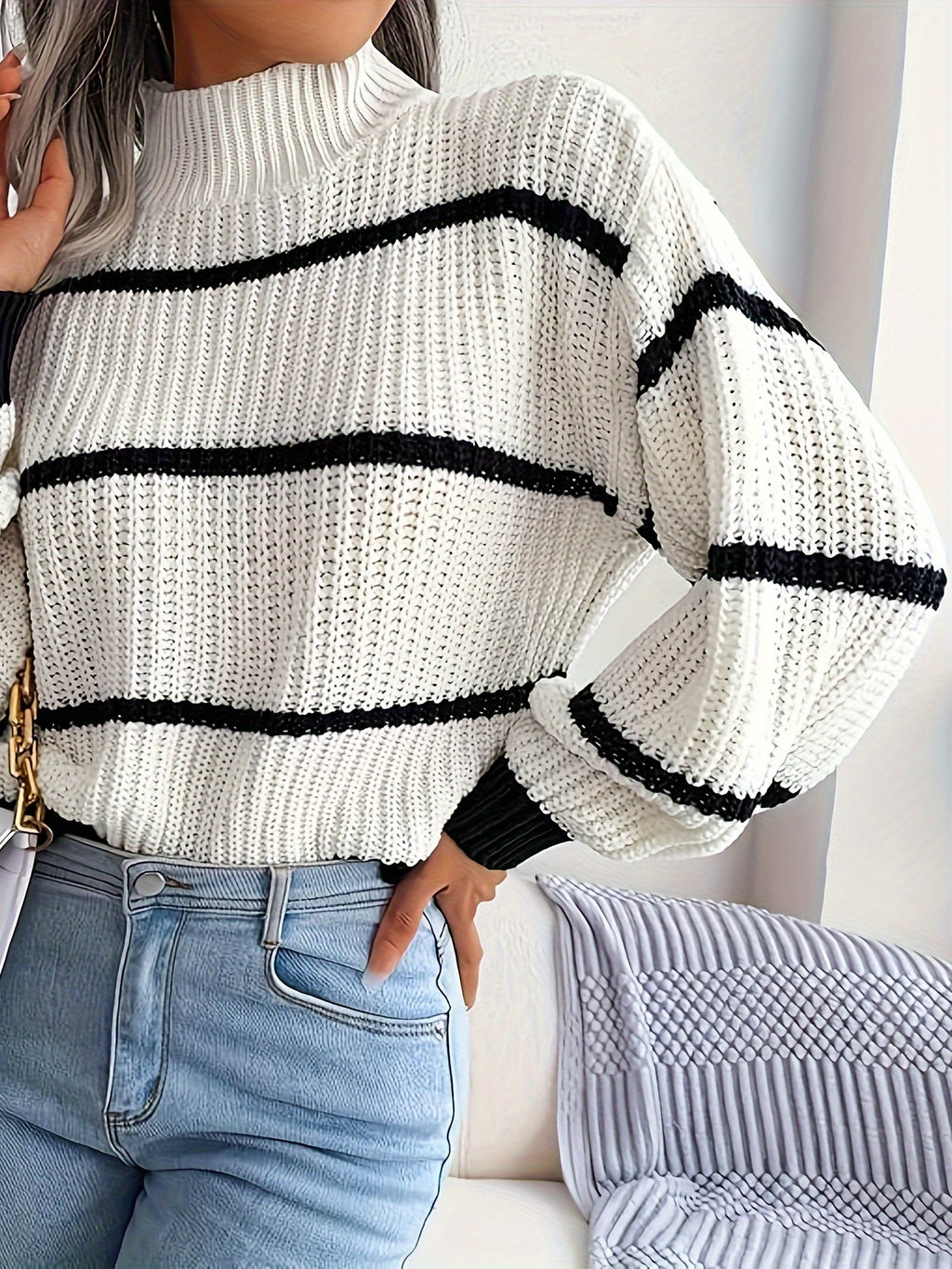 Plus Size Color Block Knitted Sweater, Casual Stylish Mock Neck Long Sleeve Sweater For Fall & Winter, Women's Plus Size Clothing