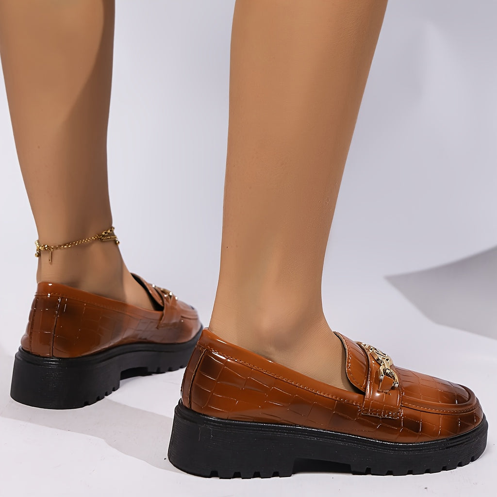 Women'S Slip-On Loafers with Thick Cushioned Sole - Soft Rubber Outsole, Round Toe & Geometric Buckle Detail, Synthetic Cover Upper, All-Season Comfort for Casual & Formal Wear, Ladies Shoes, Flat Shoes For Women, Loafers For