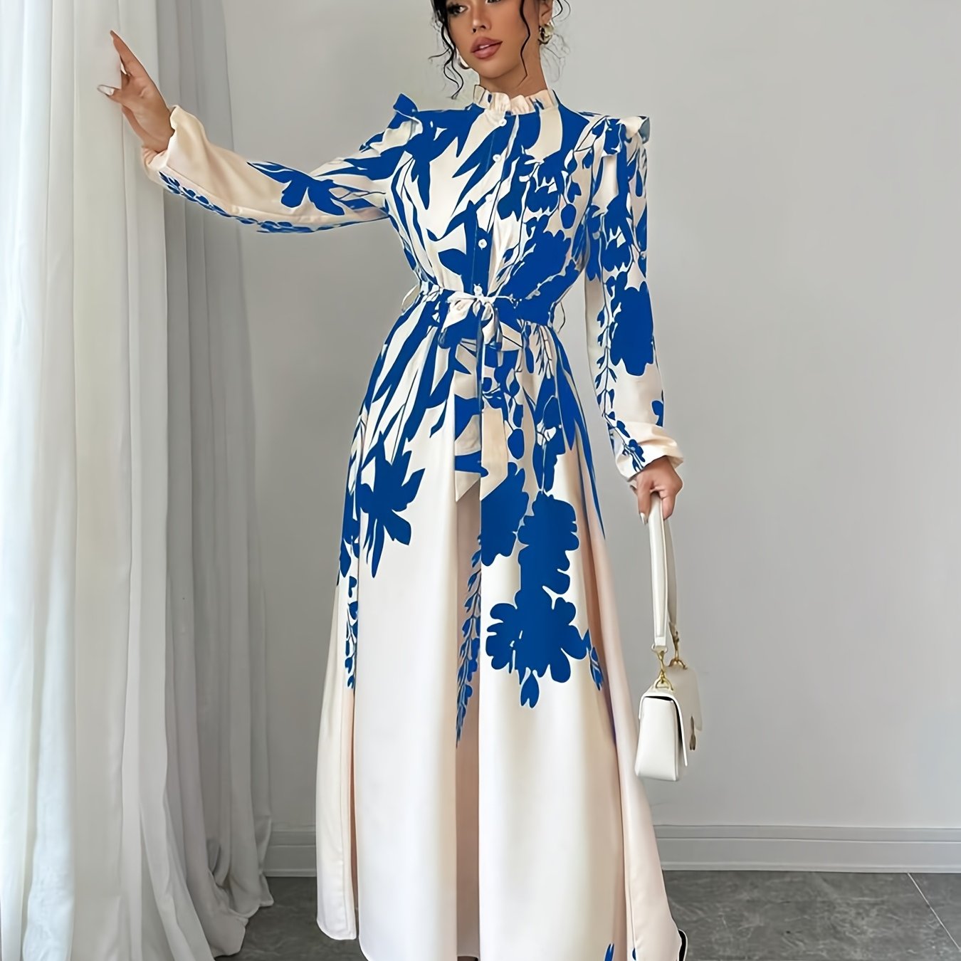 Elegant Floral Print Long Sleeve Dress with Stand Collar and Waist Detail, Polyester A-Line Maxi Dress, with Lantern Sleeves and Ruffle Hem, for Spring/Fall